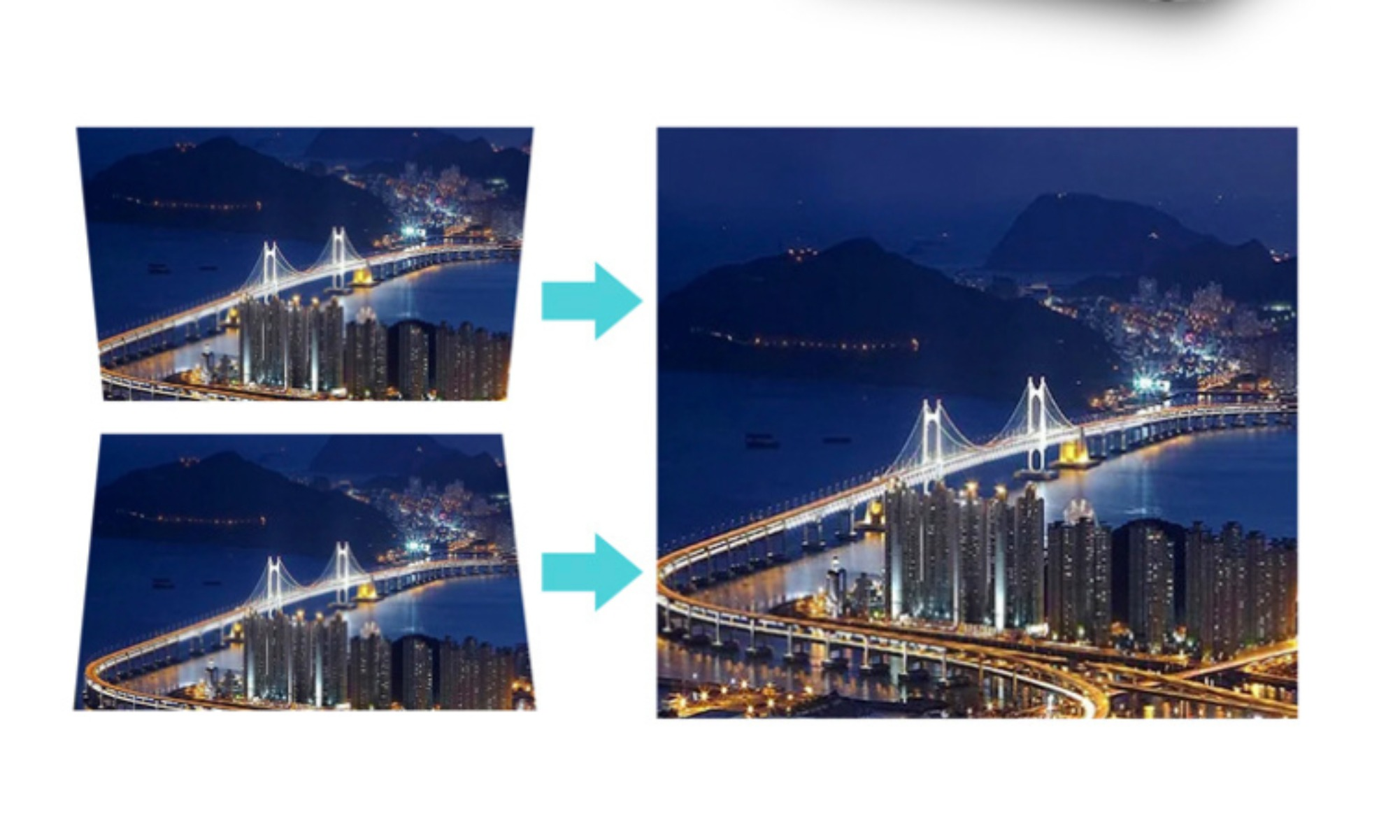 Zwei Bilder, die eine Brücke bei Nacht zeigen, mit einem Vergleich der Bildverzerrung.