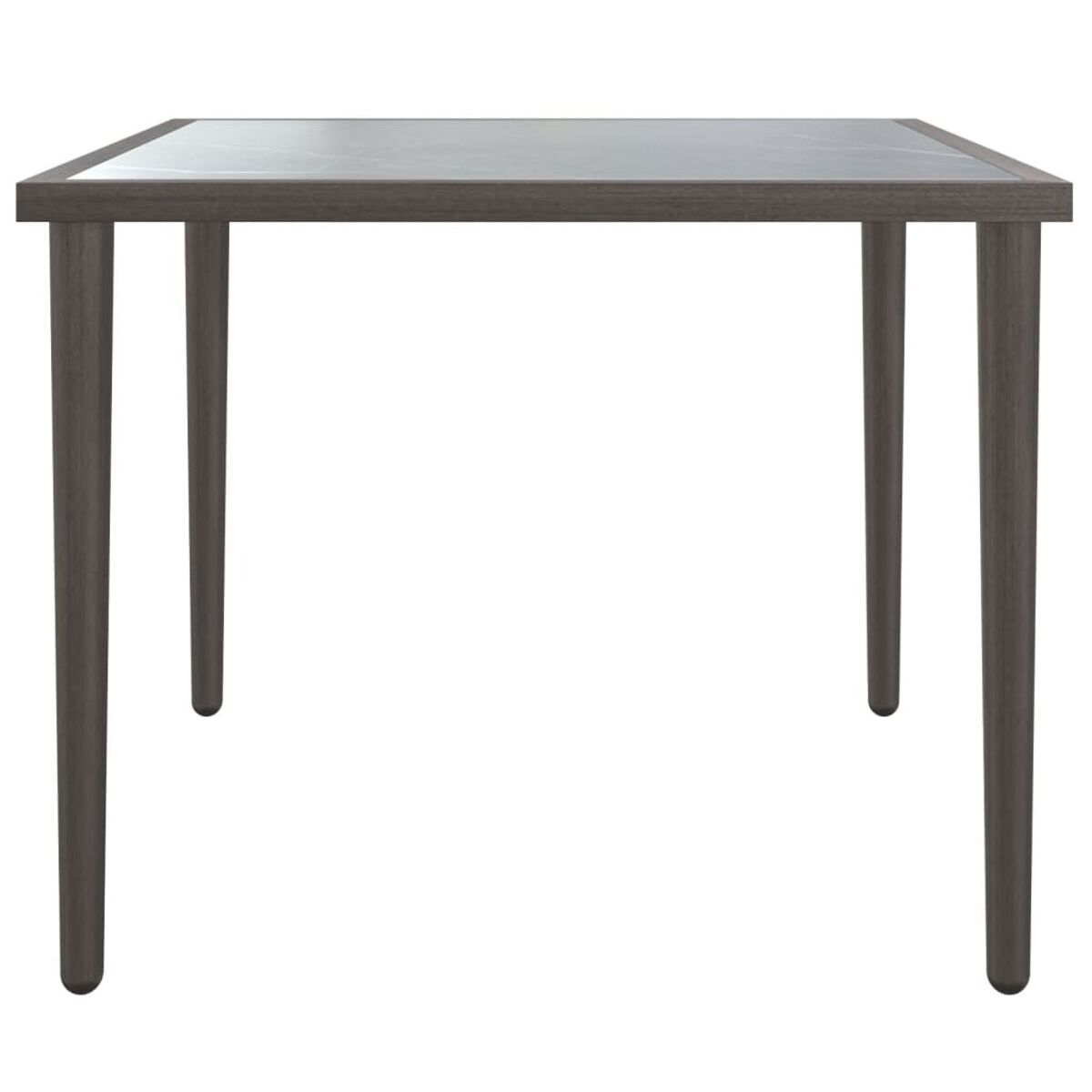 Ein quadratischer Tisch mit grauem Oberteil und dunklen Beinen, auf weißem Hintergrund.