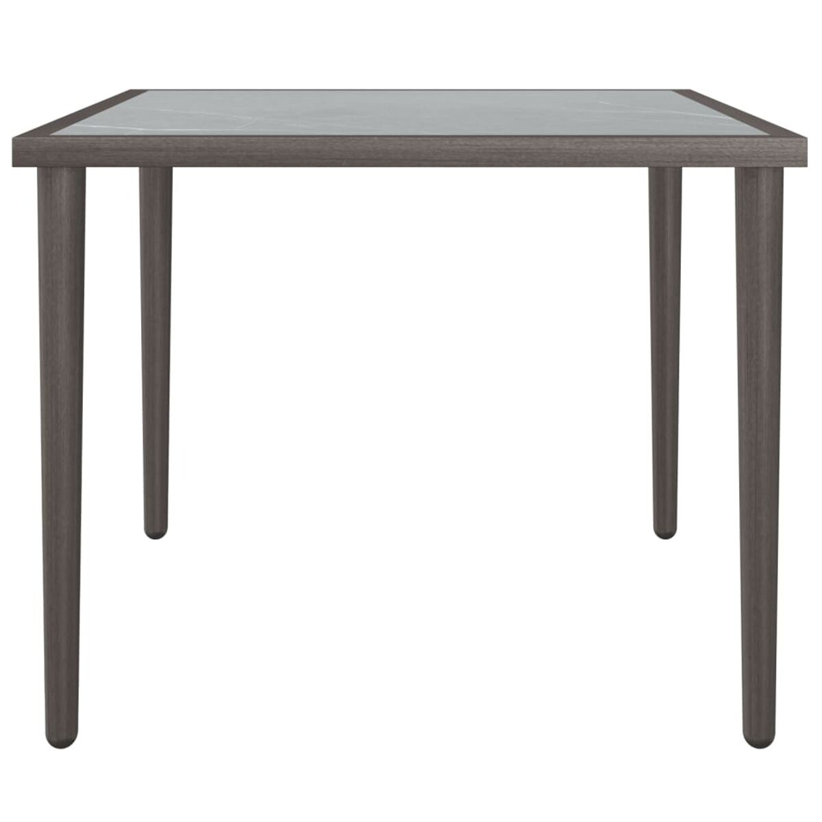 Quadratischer grauer Tisch mit vier grauen Beinen und einer hellgrauen Platte. Schlichtes Design.