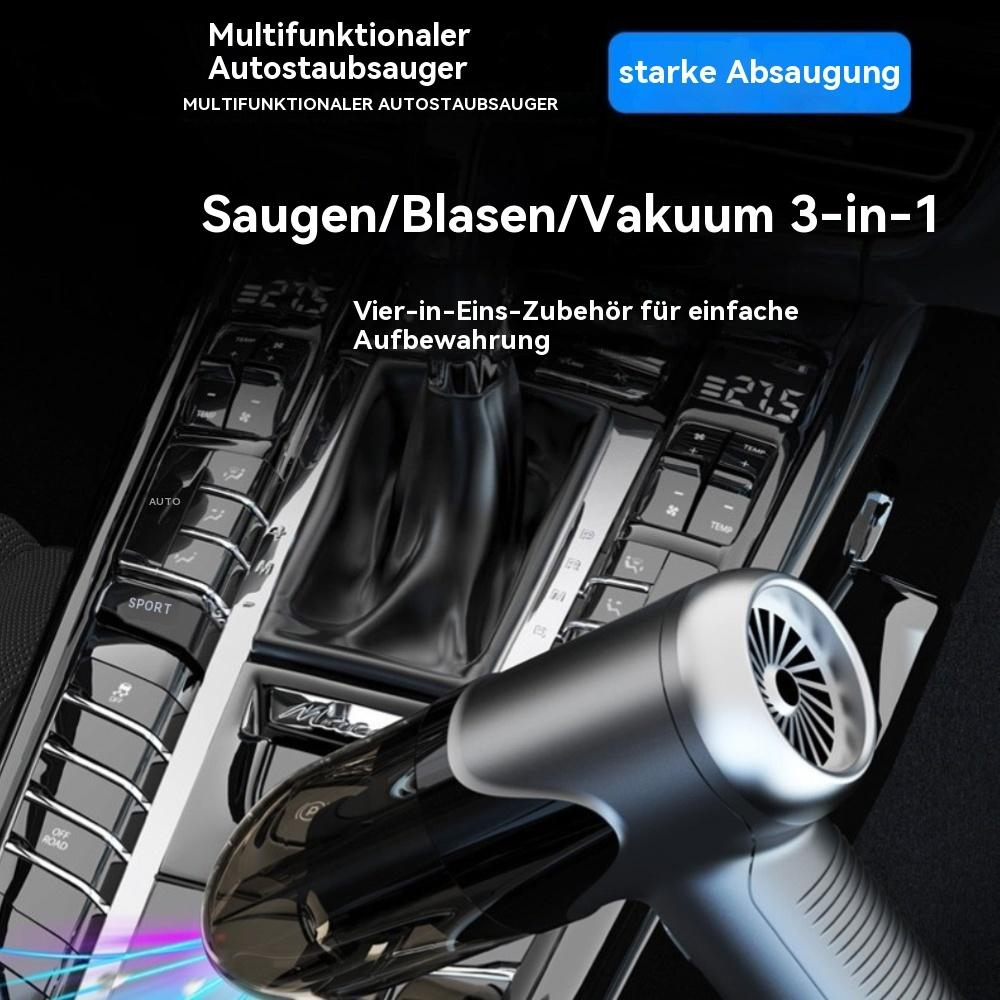 Autoinnenraum mit Staubsauger, Knöpfen und Bildschirmen.
