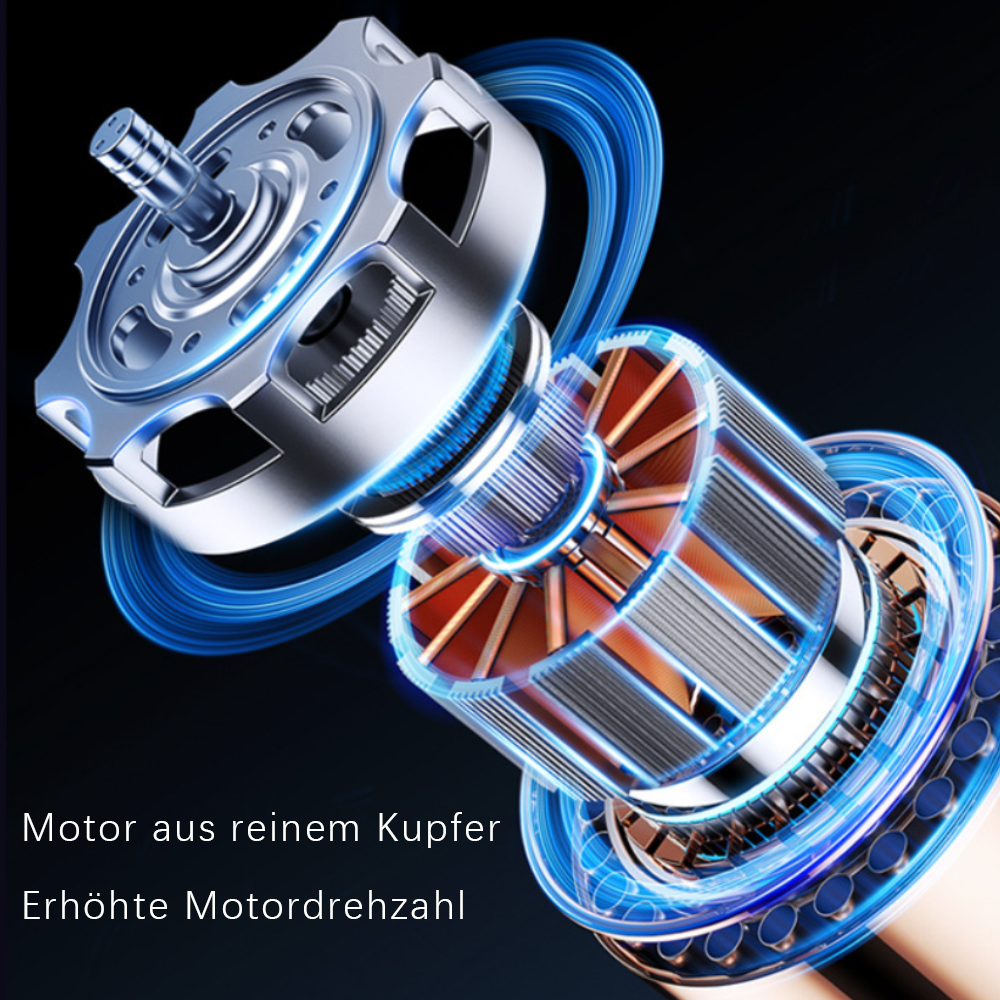 Detaillierte Ansicht eines Motors mit Kupferkomponenten und blauen Lichteffekten vor schwarzem Hintergrund.