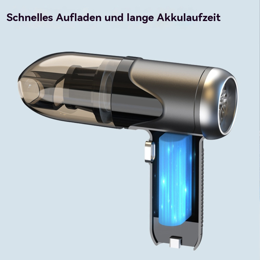 Silbernes und schwarzes Elektrogerät mit blau beleuchtetem Akku. Grauer Hintergrund.