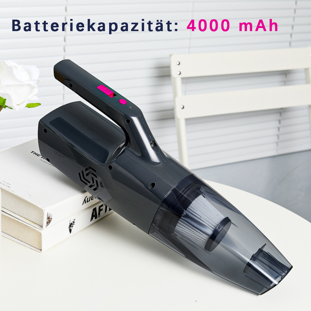 Ein schwarzer Handstaubsauger auf einem weißen Tisch, mit dem Text 'Batteriekapazität: 4000 mAh'.