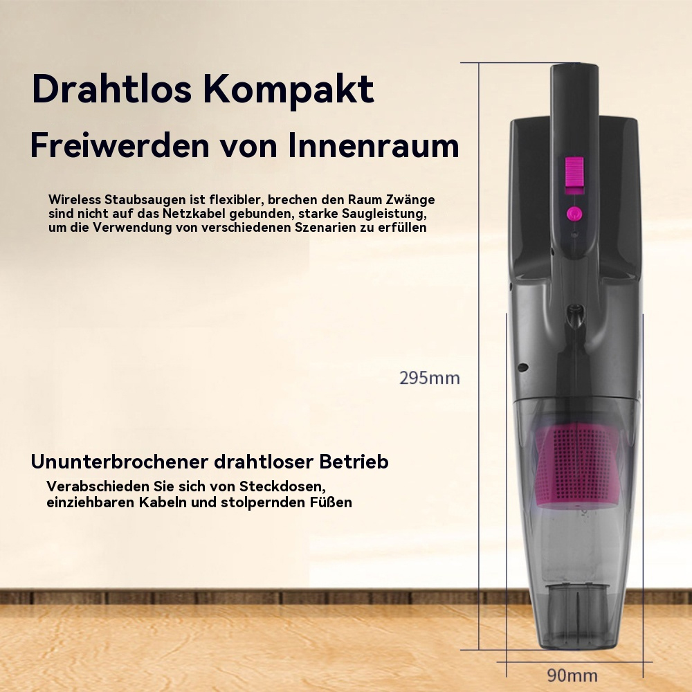 Kabelloser Staubsauger mit deutschem Text. Schwarz und Pink, Holzoberfläche, weißer Hintergrund.