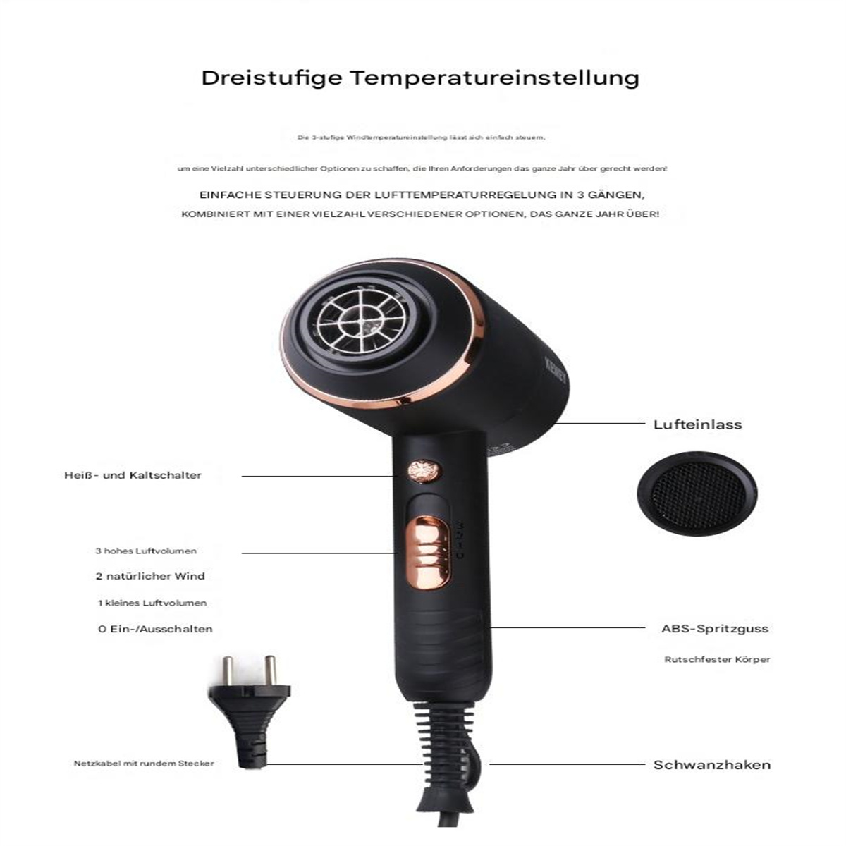 Schwarzer und goldfarbener Haartrockner mit Etiketten und Stecker, Diagramm der Funktionen.