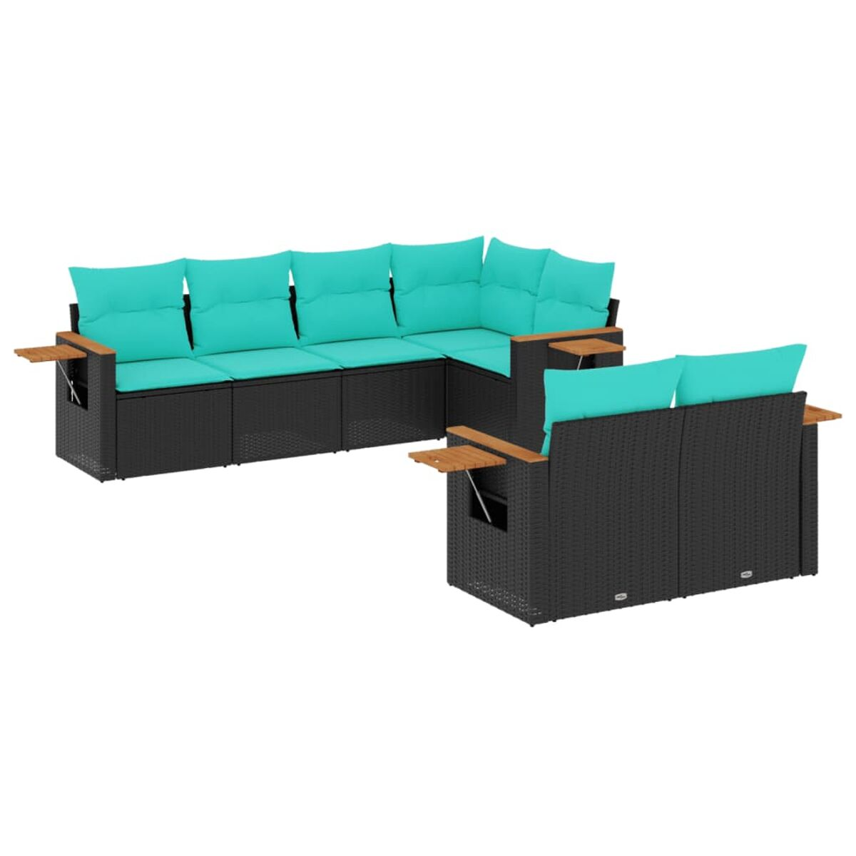 Set divano componibile da esterno con cuscini turchesi su sfondo bianco. Strutture in rattan nero.