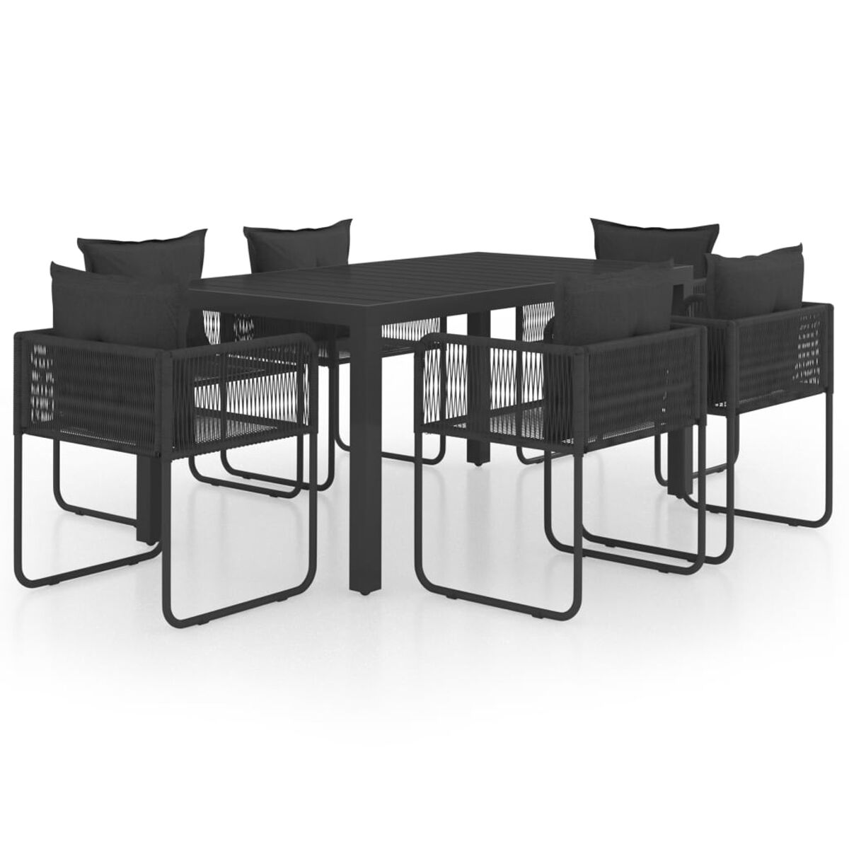 Set da pranzo per esterni nero con tavolo e sei sedie. Le sedie hanno cuscini neri. Sfondo bianco.