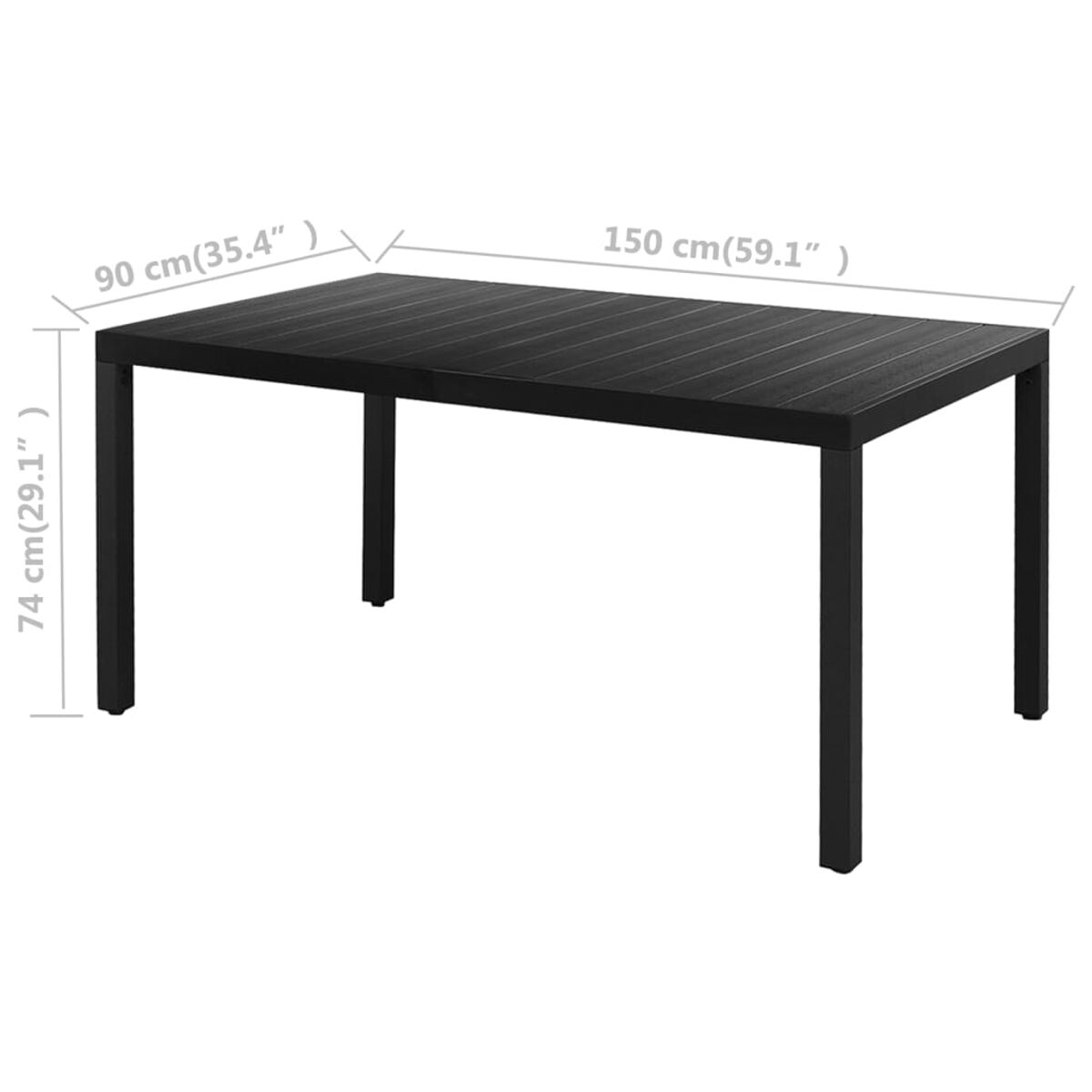 Tavolo rettangolare nero con misure. Le gambe sono nere, dimensioni in centimetri e pollici.