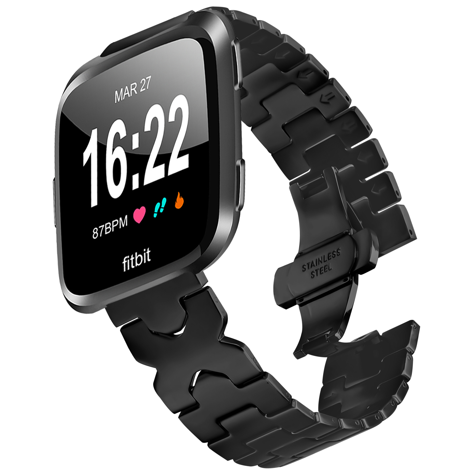 Smartwatch nero con display digitale che mostra ora e dati sanitari, su un cinturino in metallo nero.
