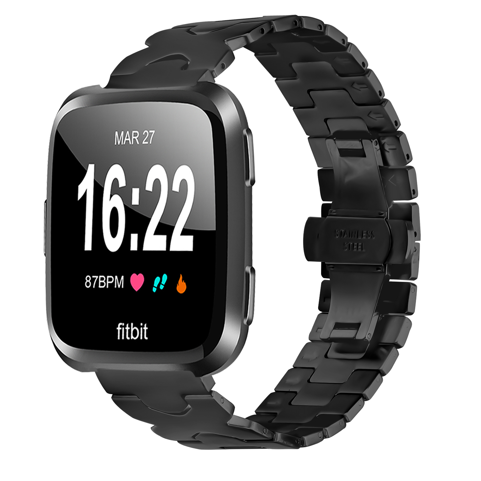 Smartwatch Fitbit nero che mostra ora, frequenza cardiaca e icone di attività su cinturino nero.