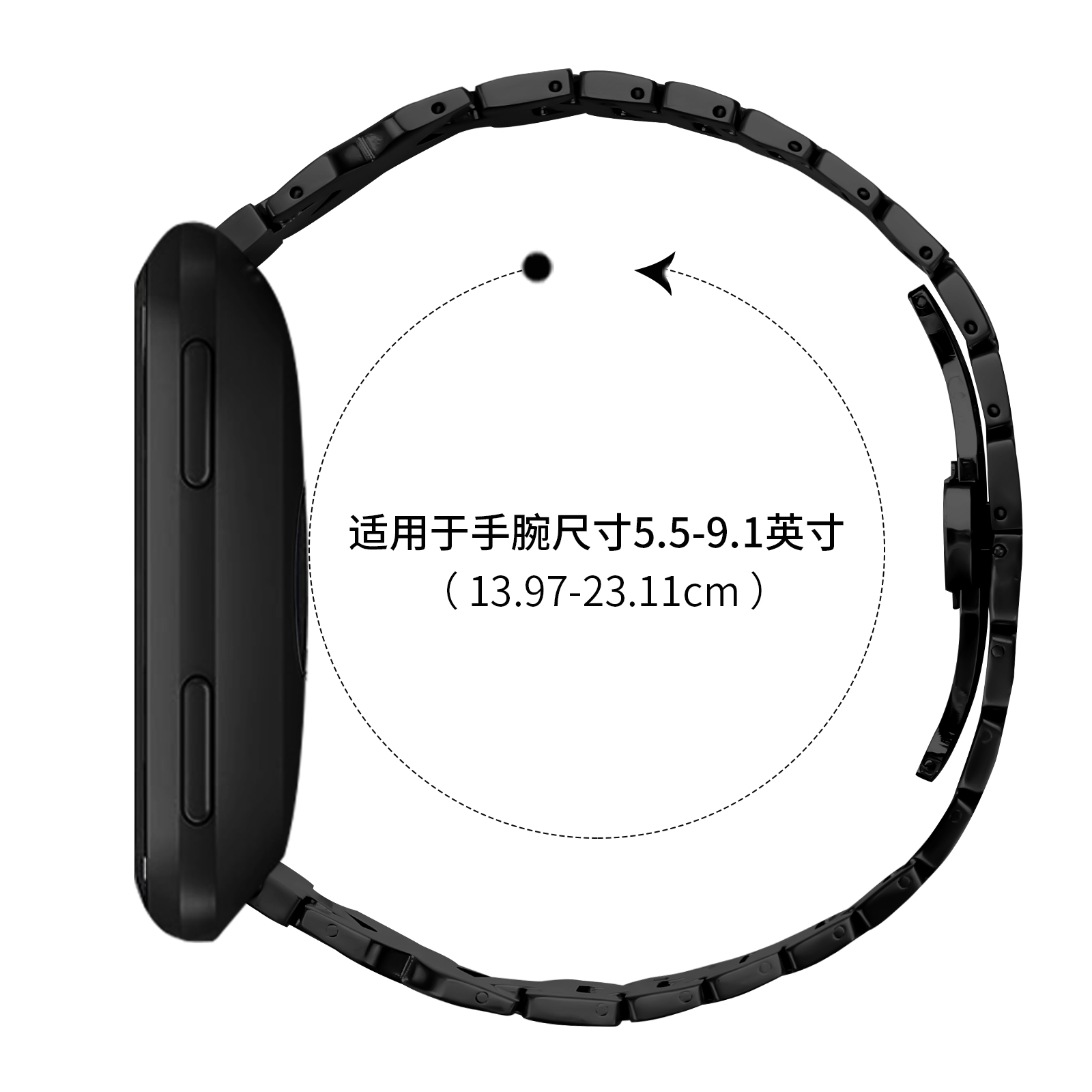 Orologio nero con cinturino nero su sfondo bianco, con testo che indica la misura del polso.