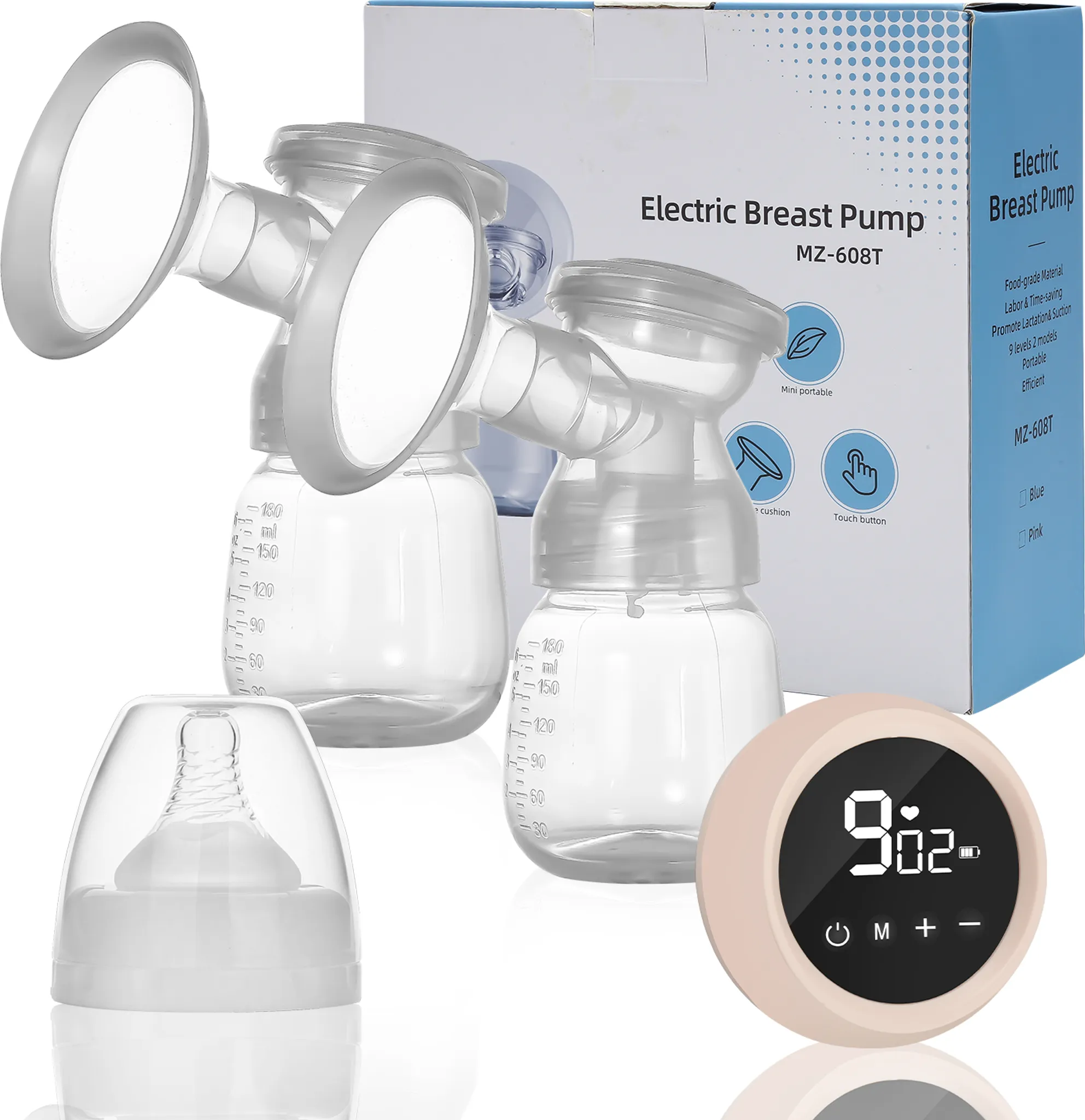 Elektrische Milchpumpe mit Flaschen, einem Nippel und digitaler Anzeige. Weißer Hintergrund.