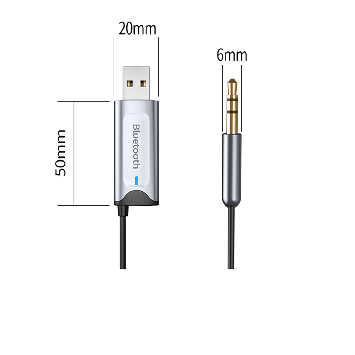 Ein Bluetooth-Adapter mit USB-Anschluss und 3,5-mm-Audioanschluss, beide schwarz.