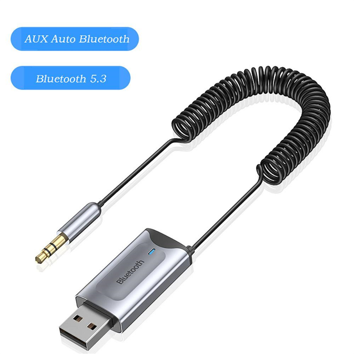 Ein silberner Bluetooth-Empfänger mit USB-Anschluss und Spiralkabel.