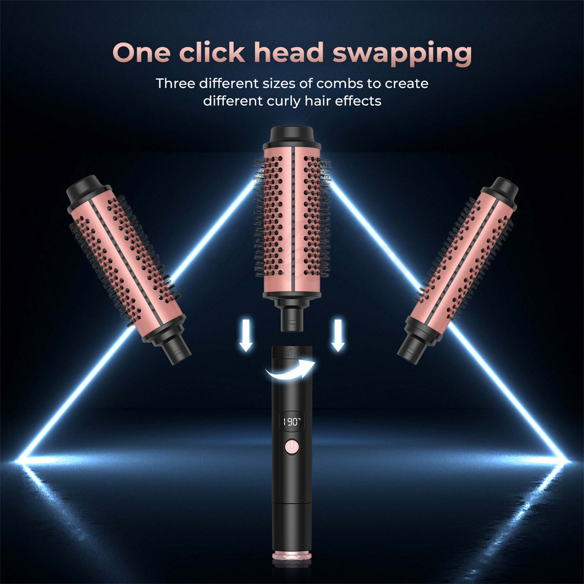 Haarstyling-Tool mit drei austauschbaren Aufsätzen. Schwarzer Körper mit roségoldfarbenen Akzenten auf blauem Grund.