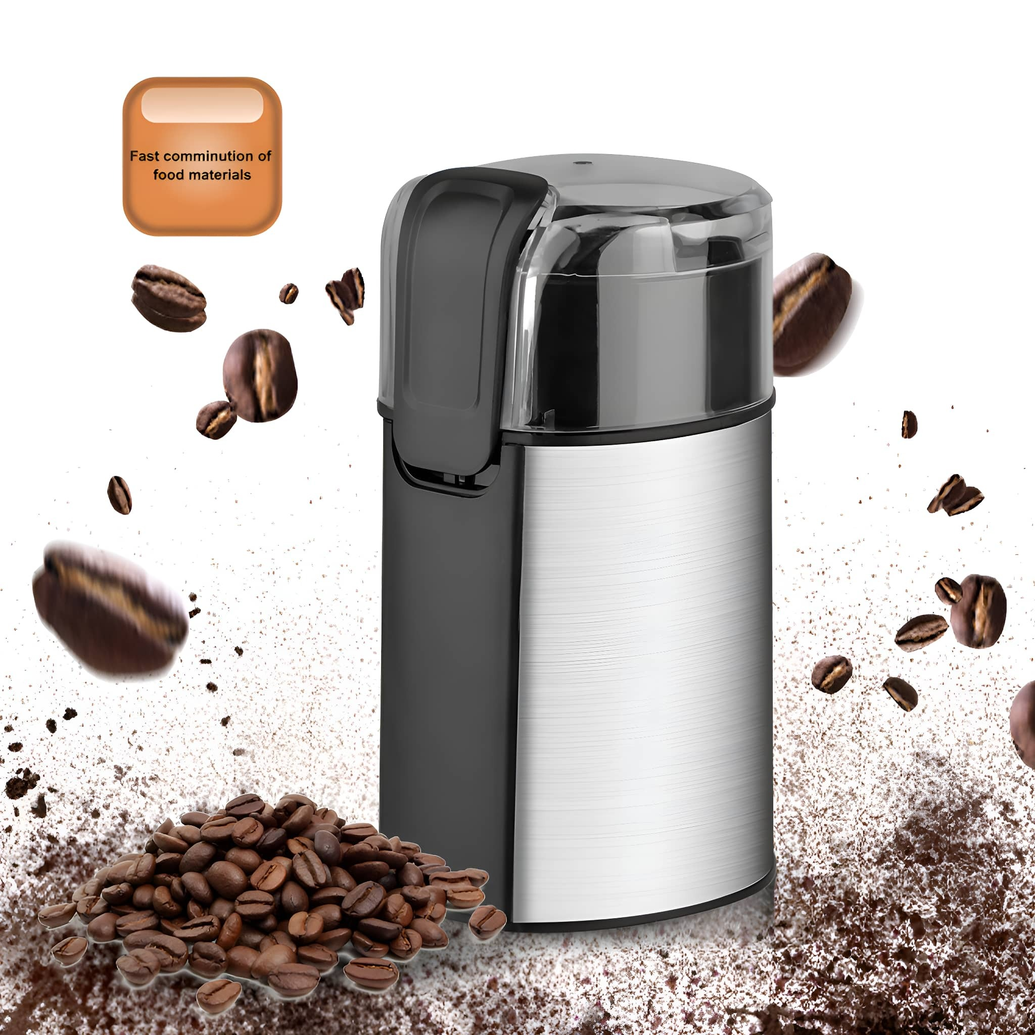 Kaffeemühle mit Bohnen und Pulver. Schwarz und Silber. Bohnen im Vordergrund.