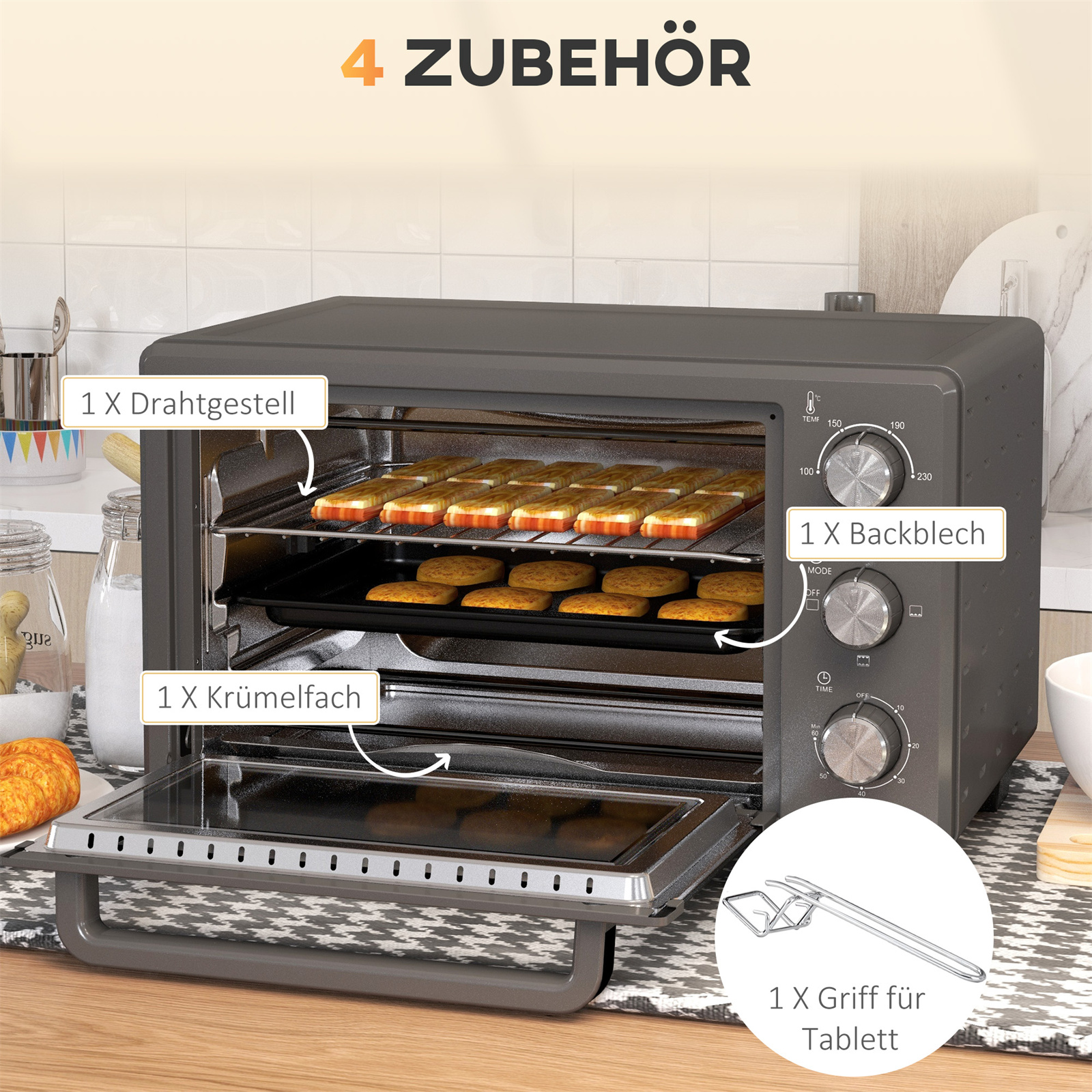 Schwarzer Ofen mit Zubehör: Rost, Blech, Krümelfach, Griff.