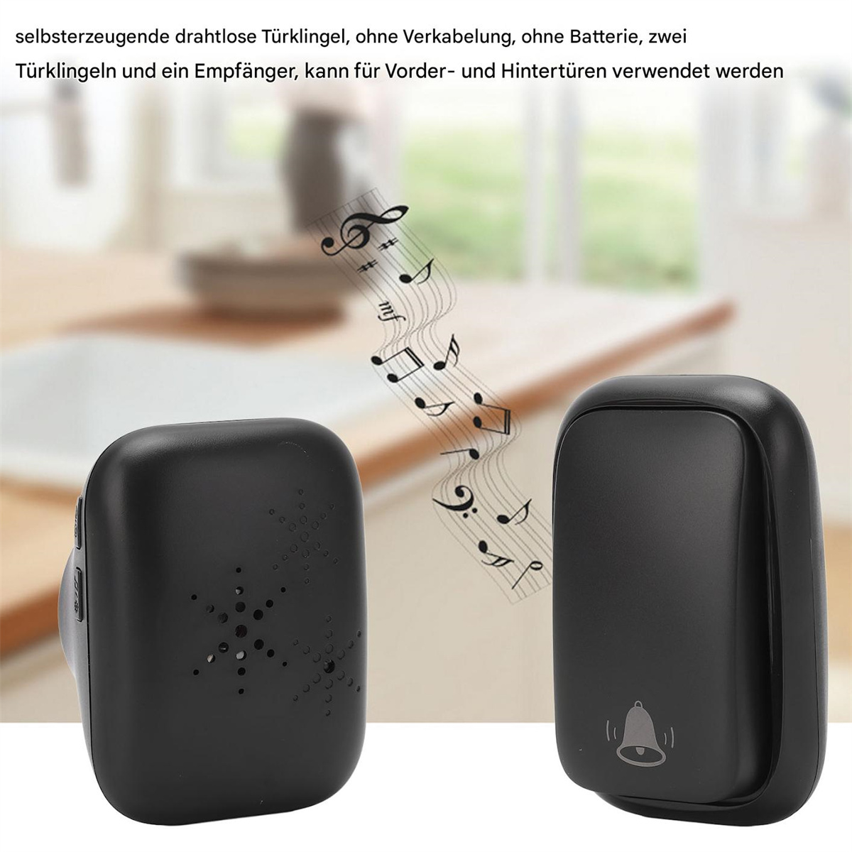 Zwei schwarze kabellose Türklingeln mit Notenillustration. Eine zeigt ein Glockensymbol, die andere ist leer.