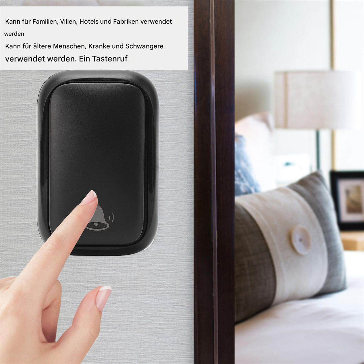 Ein Finger drückt auf eine schwarze Türklingel mit einem Glockensymbol. Text auf Deutsch: Kann für Familien, Hotels usw.