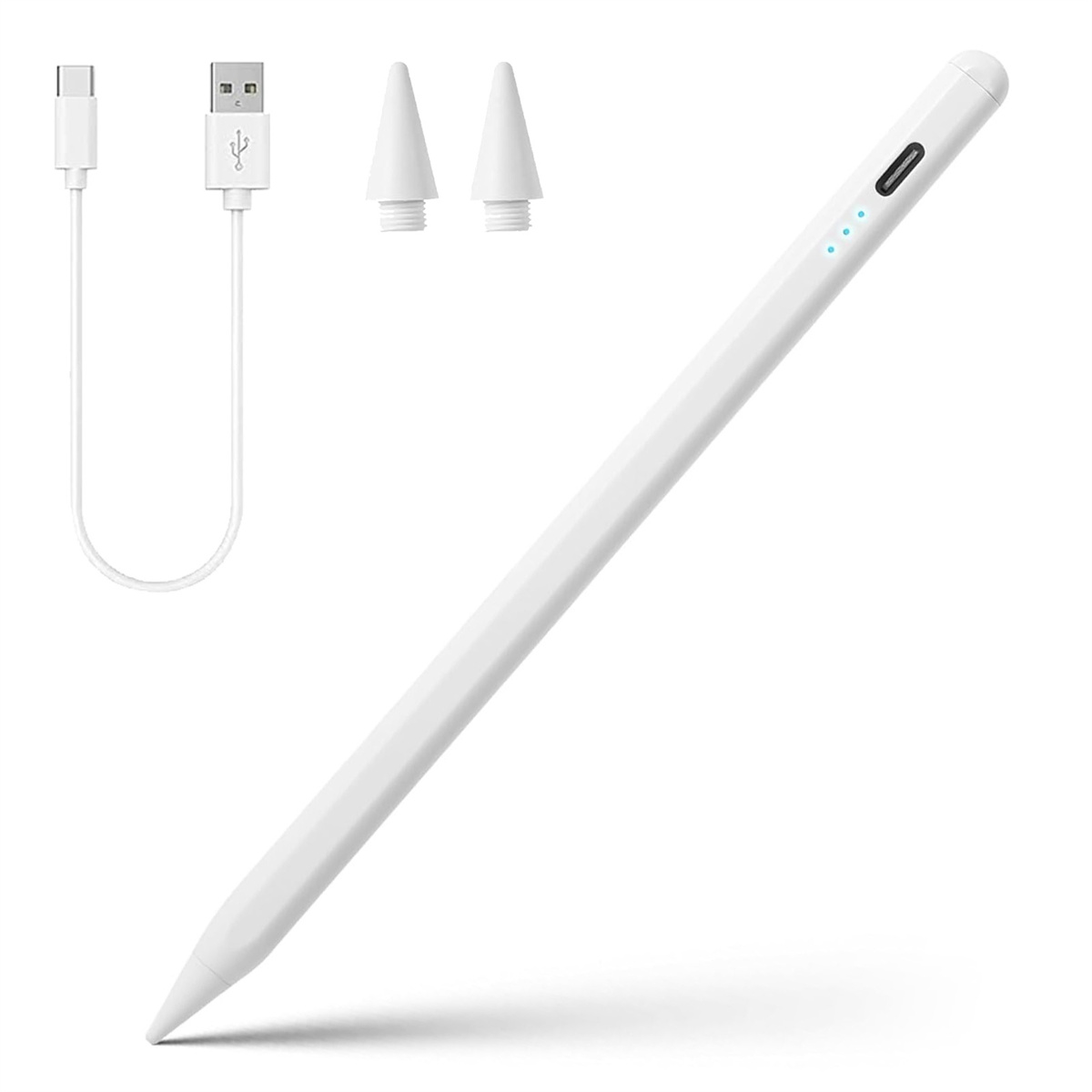 Weißer Stift mit zusätzlichen Spitzen, USB-C-Kabel. Der Stift hat eine schwarze Betriebsanzeige und einen Ladeanschluss.