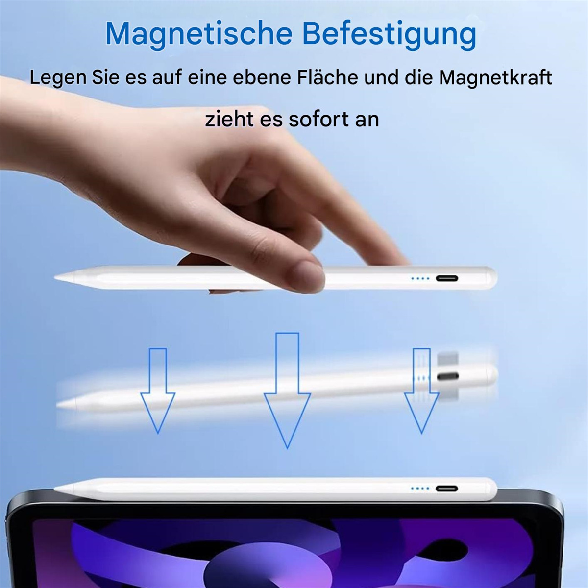 Eine Hand hält einen Stift, zwei weitere schweben über einem Tablet. Magnetische Befestigung wird demonstriert.