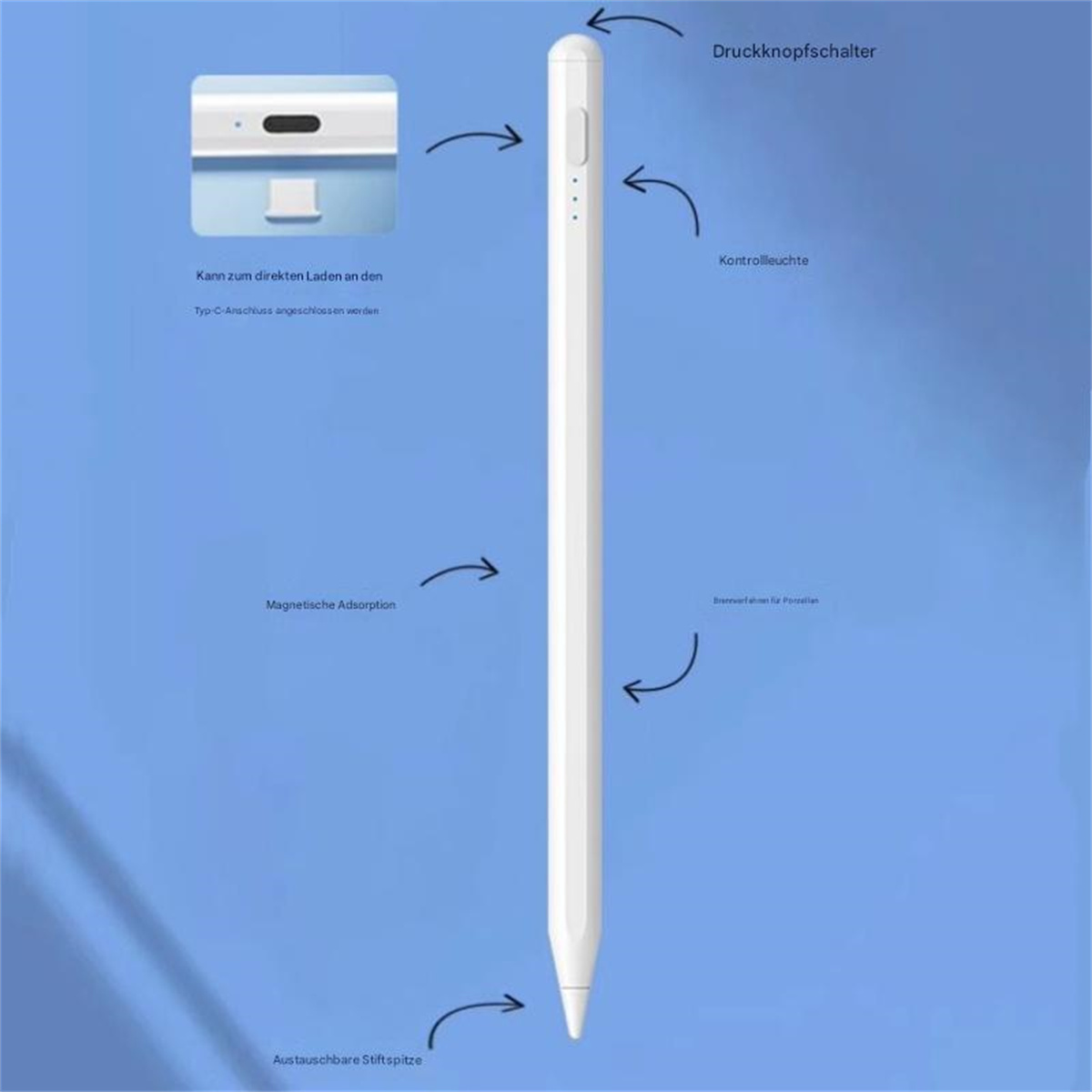 Weißer Stylus-Stift mit detaillierten Beschriftungen. Text auf Deutsch. Schwarze Steuertasten. Direkt aufladbar.