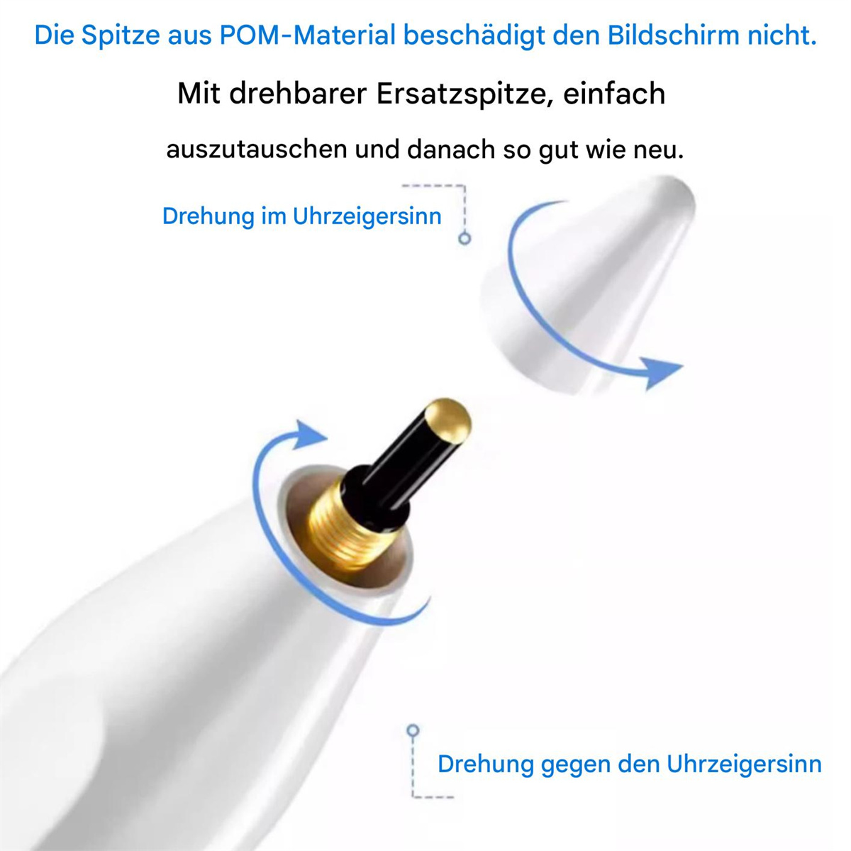 Nahaufnahme eines weißen Stiftes mit goldener Spitze und einem Bereich zum Einschrauben der Spitze.