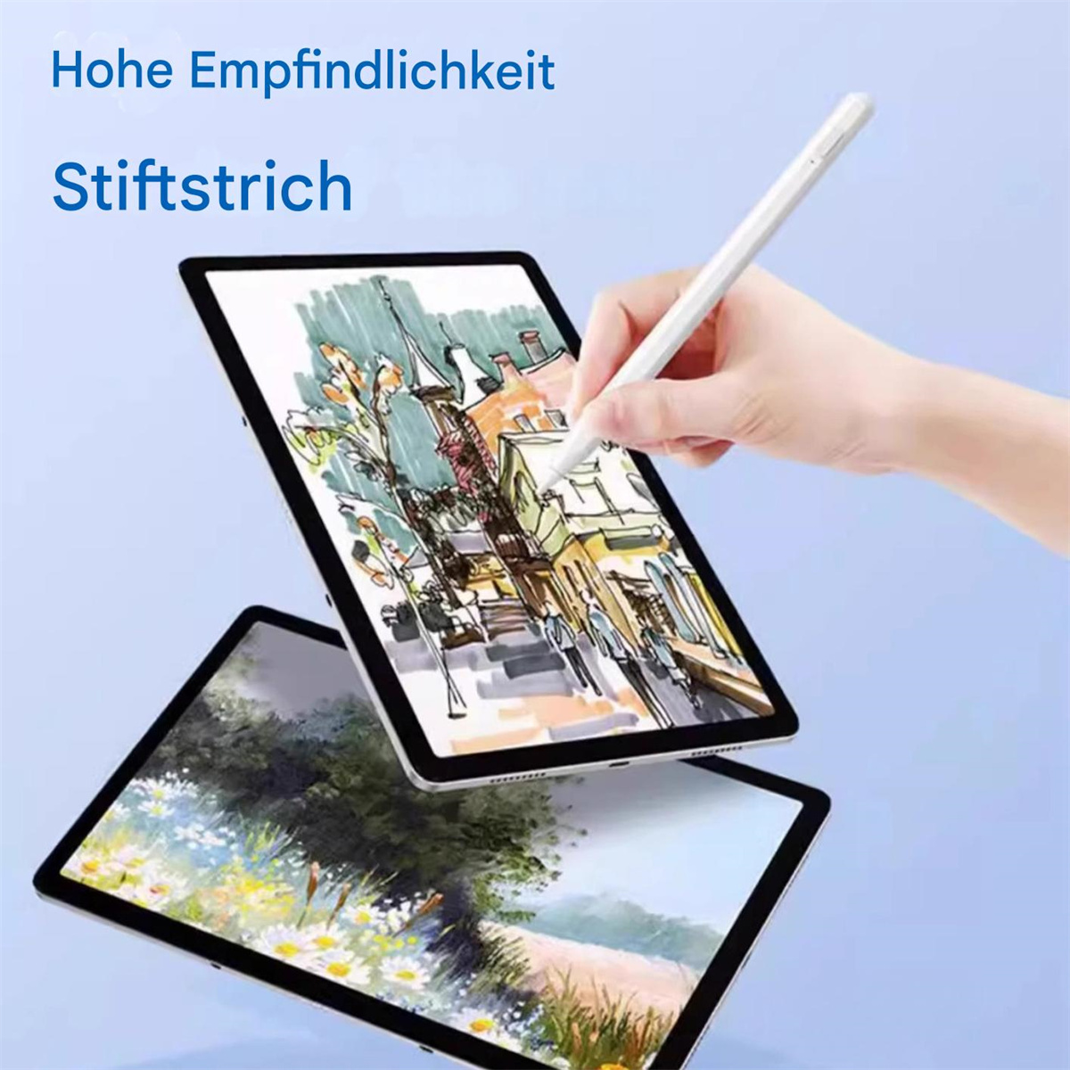 Zwei Tablets, eines mit einer Zeichnung und einer Hand, die einen Stift hält, und das andere mit Blumen.
