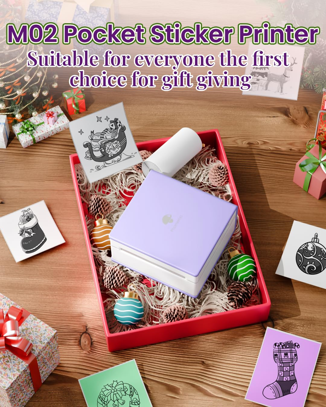 Eine Geschenkbox mit Geschenken, eine lila Box und ein Aufkleberdrucker mit Gegenständen darum herum.