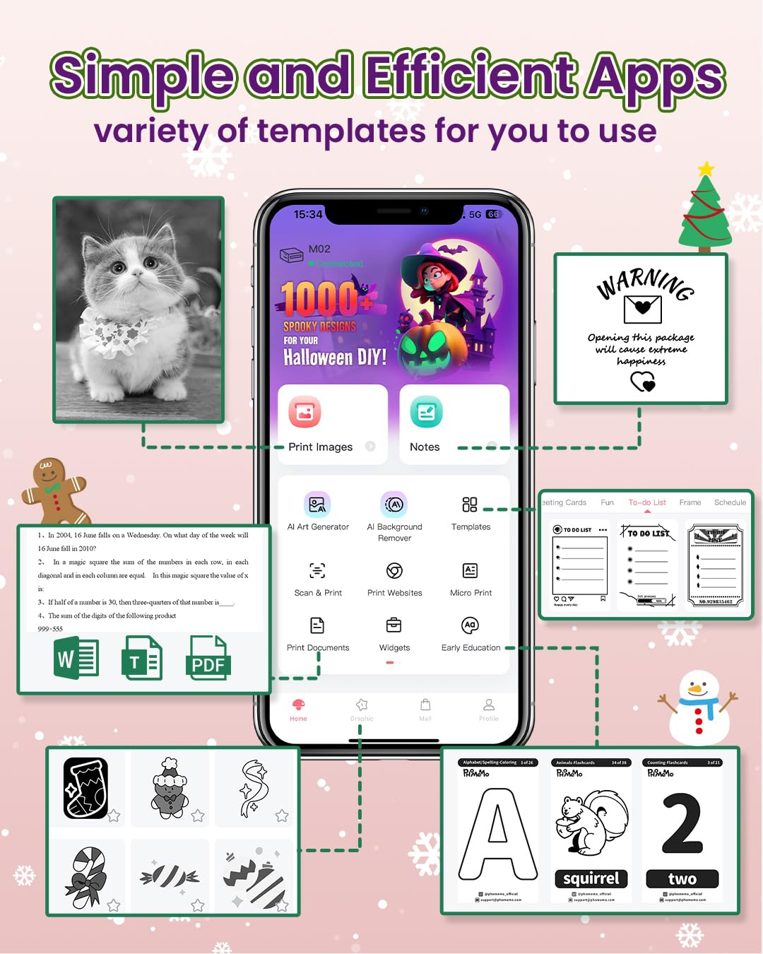 Handy-Bildschirm mit Apps und Vorlagen, mit Katze und Feiertags-Thema.