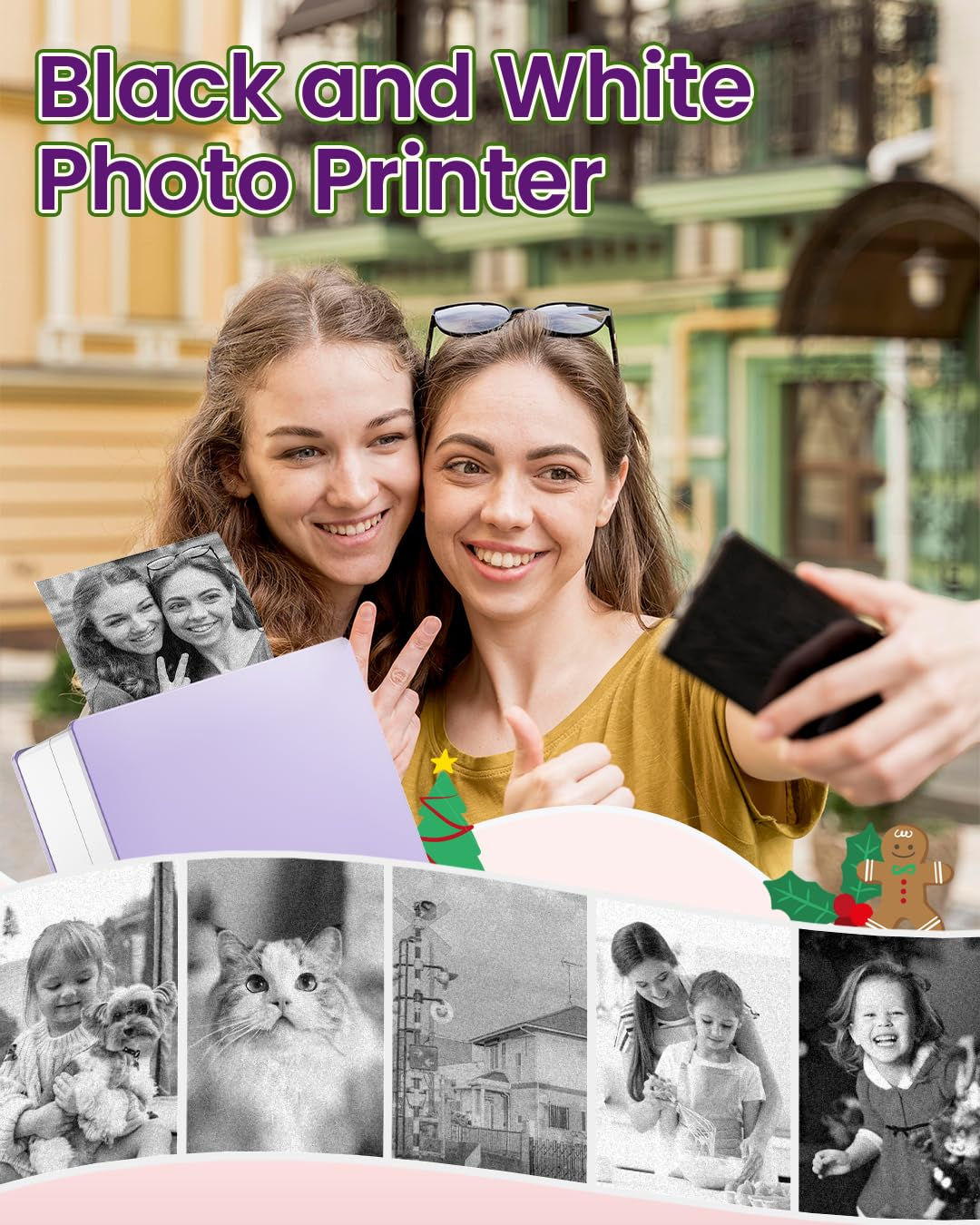 Ein Fotodrucker mit zwei Frauen, die ein Selfie machen, und Beispiele für gedruckte Fotos.