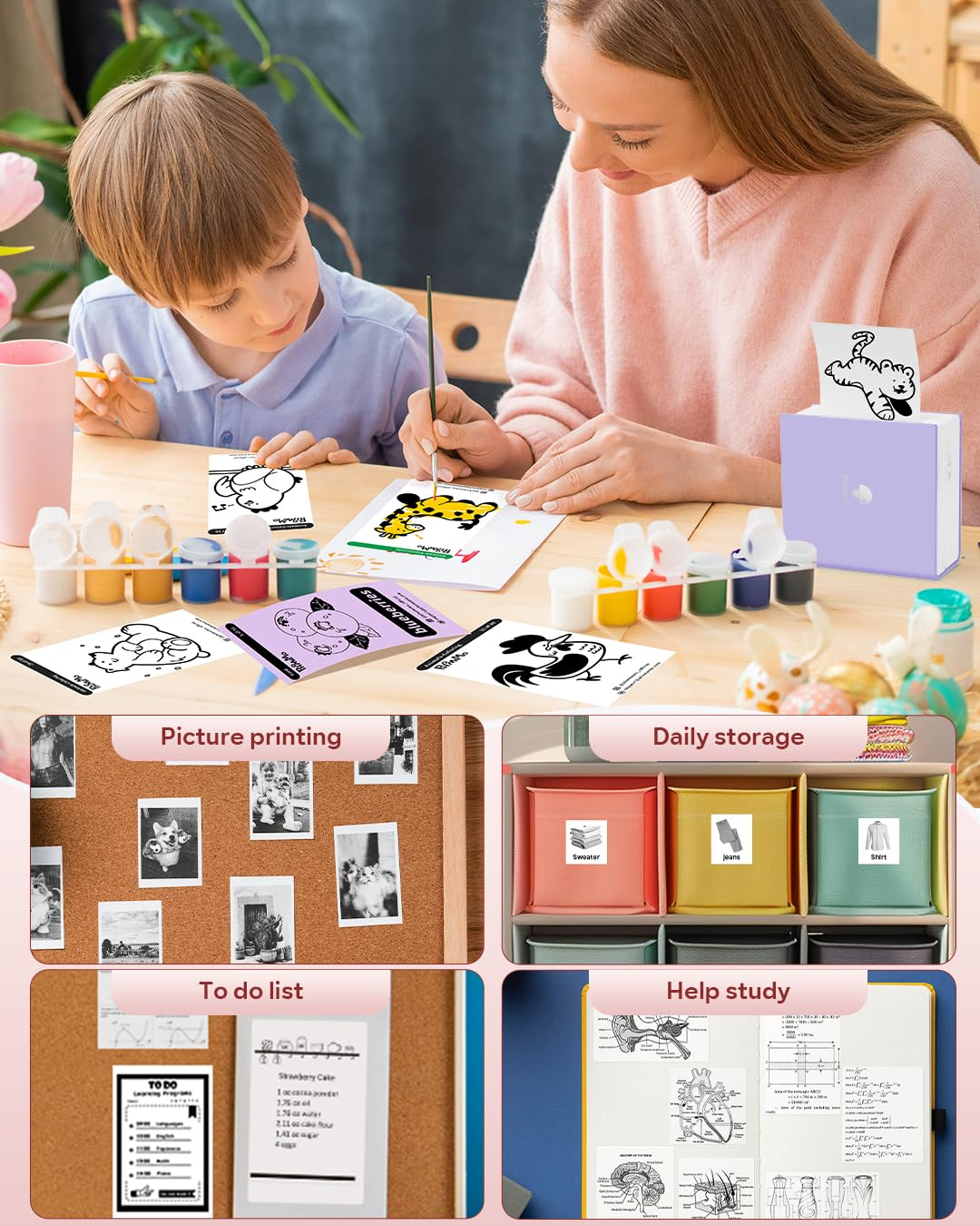 Junge und Frau malen Bilder, mit Kunstbedarf und organisierten Aufbewahrungsboxen.