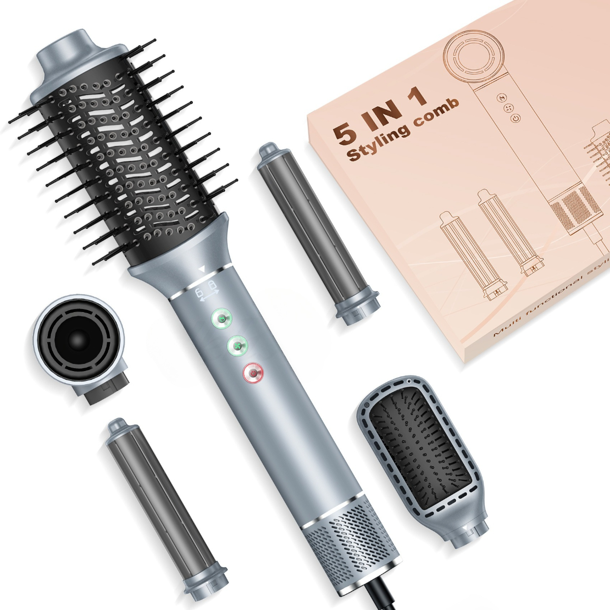 5-in-1 Stylingkamm-Set mit mehreren Aufsätzen und einer Box.