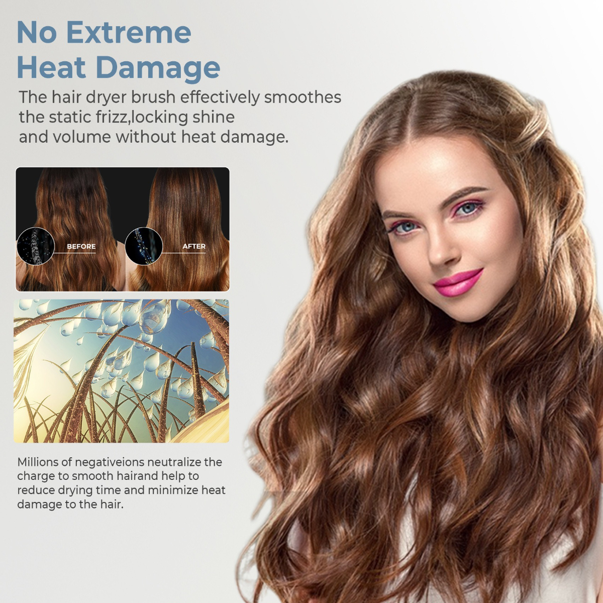 Frau mit welligem Haar, Vorher-Nachher-Bilder. Text: Kein extremer Hitzeschaden, Haarstyling.