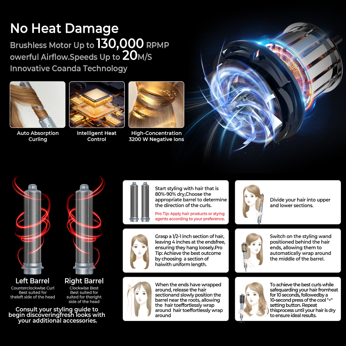 Haarstyler mit Zylinderaufsätzen, Symbolen und Text. Zu den Merkmalen gehören automatisches Locken, Hitzekontrolle und negative Ionen.