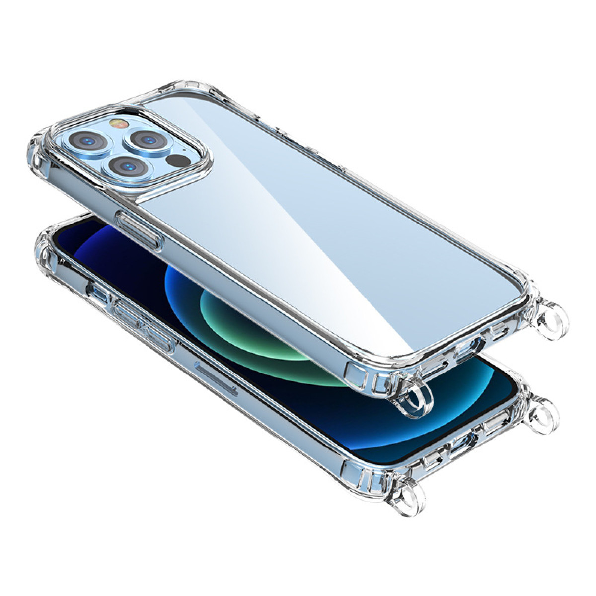 Custodia trasparente per iPhone con ritagli per fotocamera, due custodie impilate, su sfondo bianco.