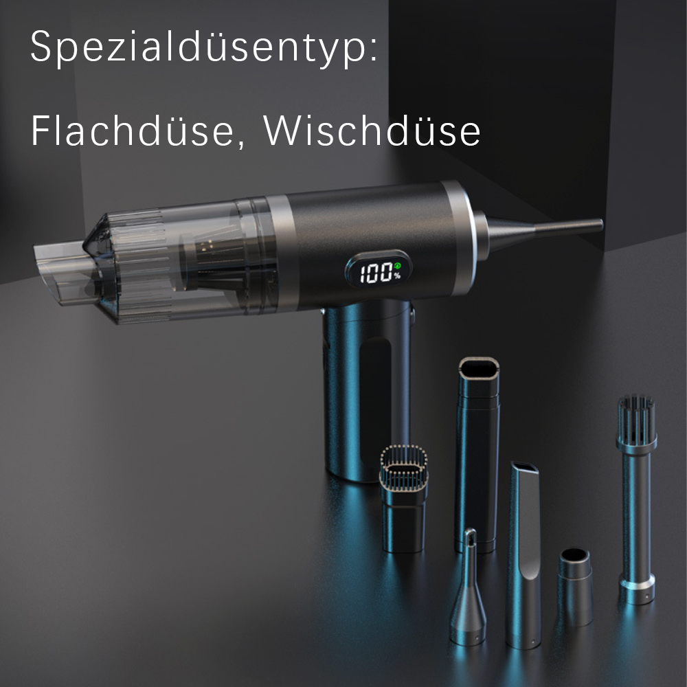 Ein schwarzer Handstaubsauger mit Aufsätzen, mit den Worten: Flachdüse, Wischdüse.