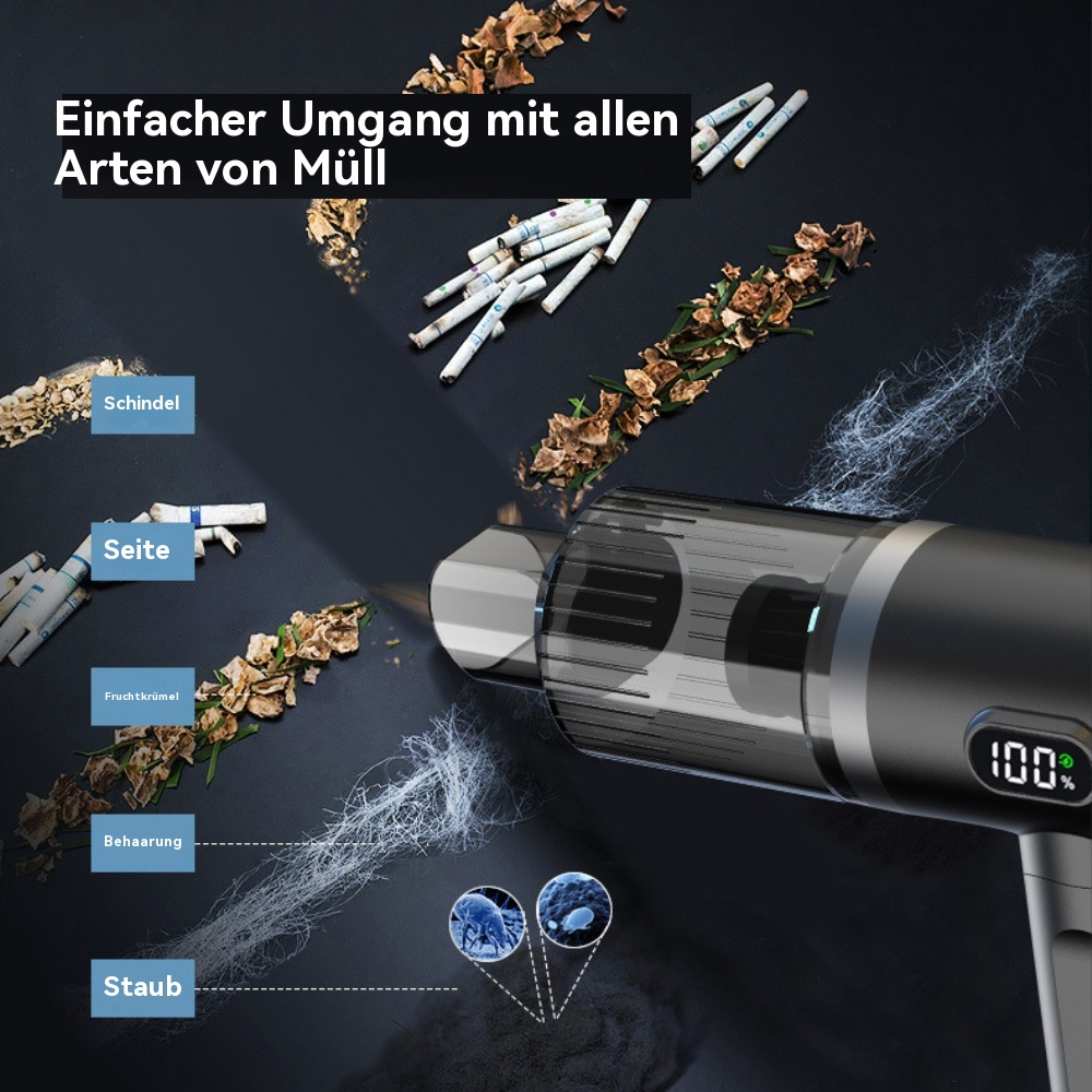 Staubsauger mit verschiedenen Abfallarten. Zigarettenstummel, Tabak, Haare, Staub und Krümel.