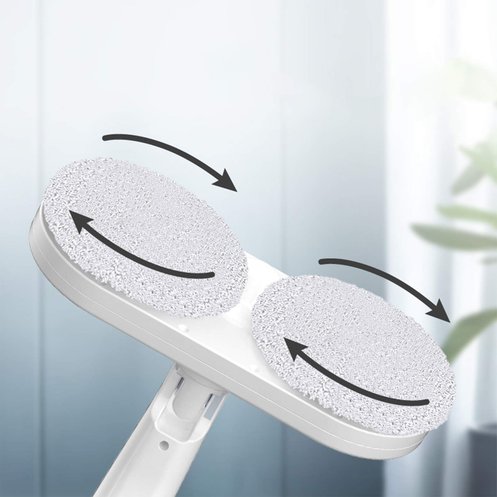 Ein weißer Bodenreiniger mit zwei runden Pads und Pfeilen, die die Drehbewegung anzeigen.