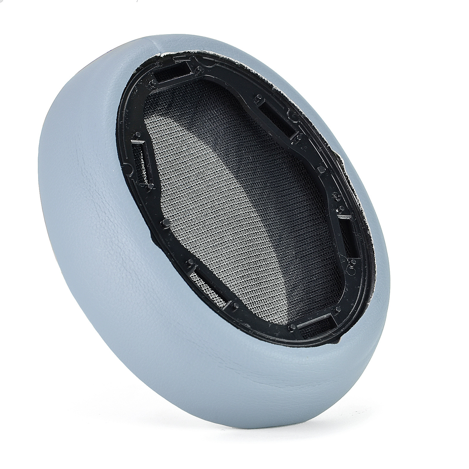 Cuscinetto per auricolari, azzurro, con rete interna nera, su sfondo bianco.