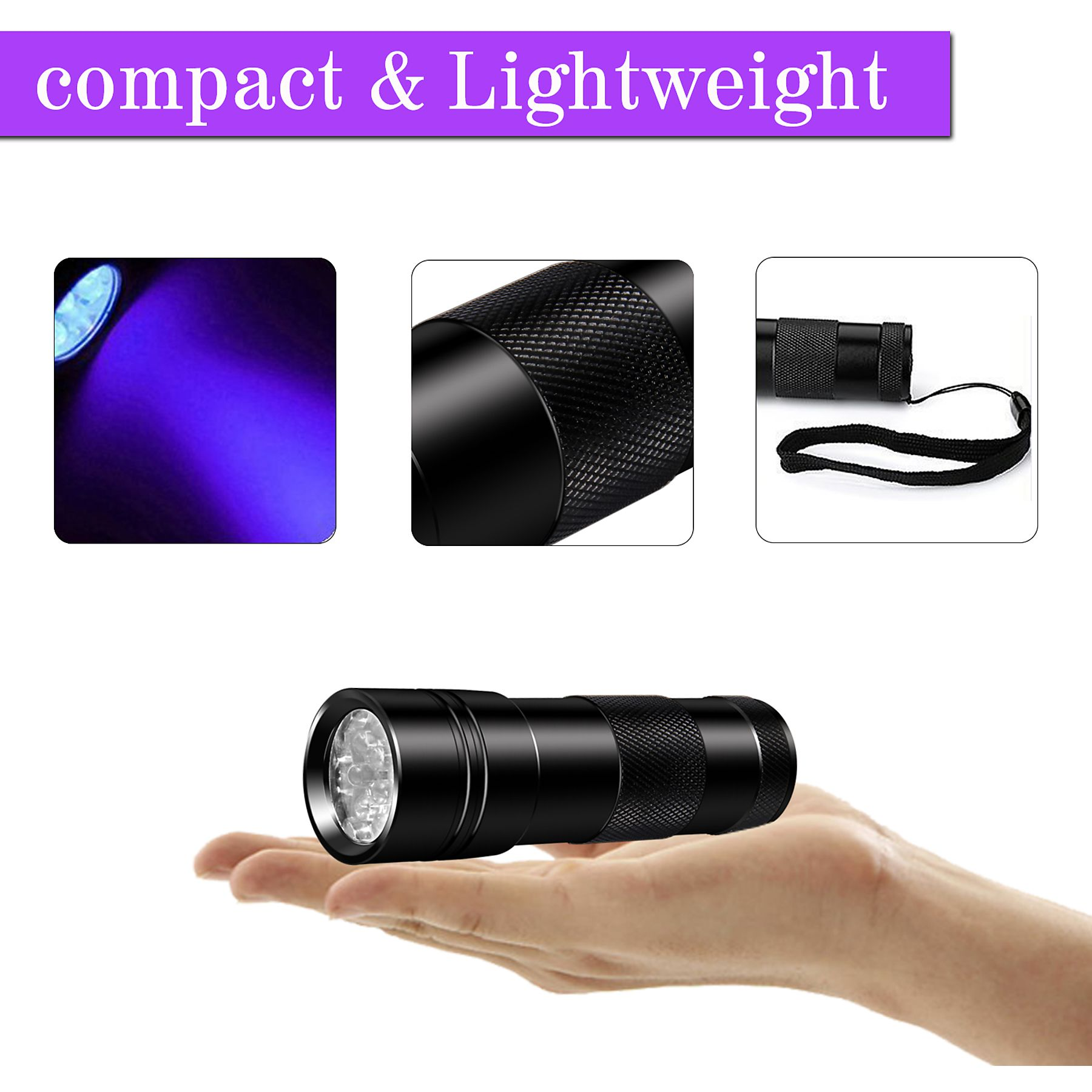 Eine schwarze Taschenlampe, die in einer Hand gehalten wird. Nahaufnahmen von Details.