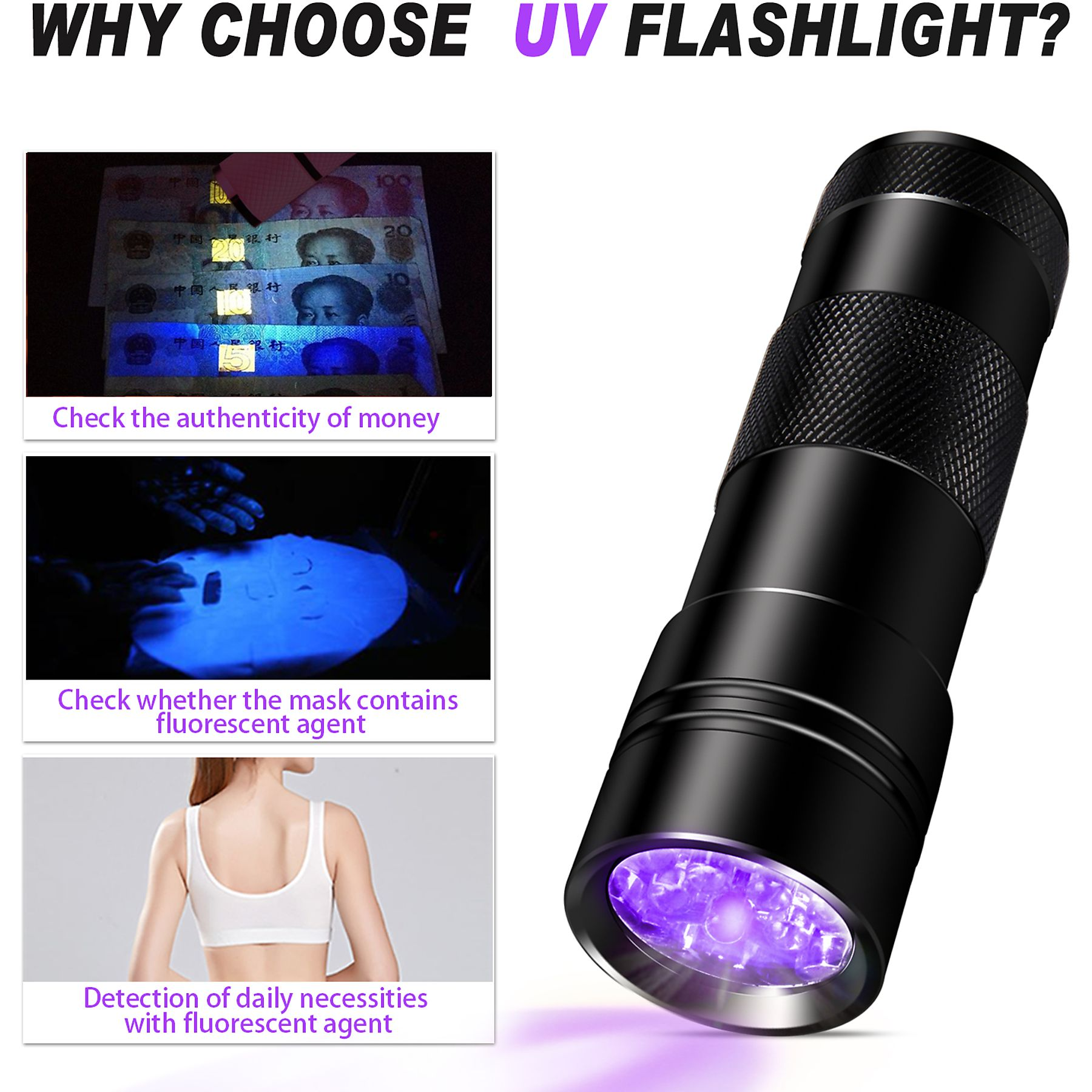 UV-Taschenlampe und Anwendungsbeispiele: Geld, Maske, Haut.