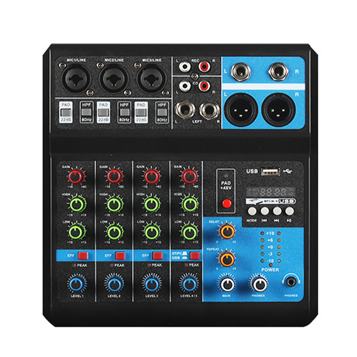 Schwarzer Audio-Mixer. Mehrere Knöpfe, Eingänge und Ausgänge. Blaues und schwarzes Farbschema.