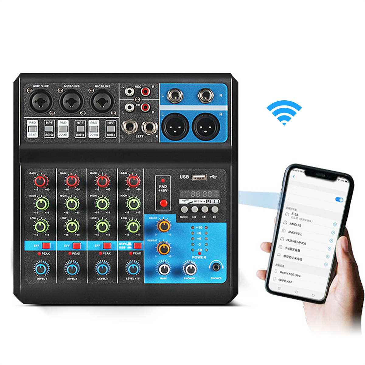 Ein schwarzer Audiomixer mit Knöpfen und Tasten, verbunden mit einem Smartphone, das eine App zeigt.