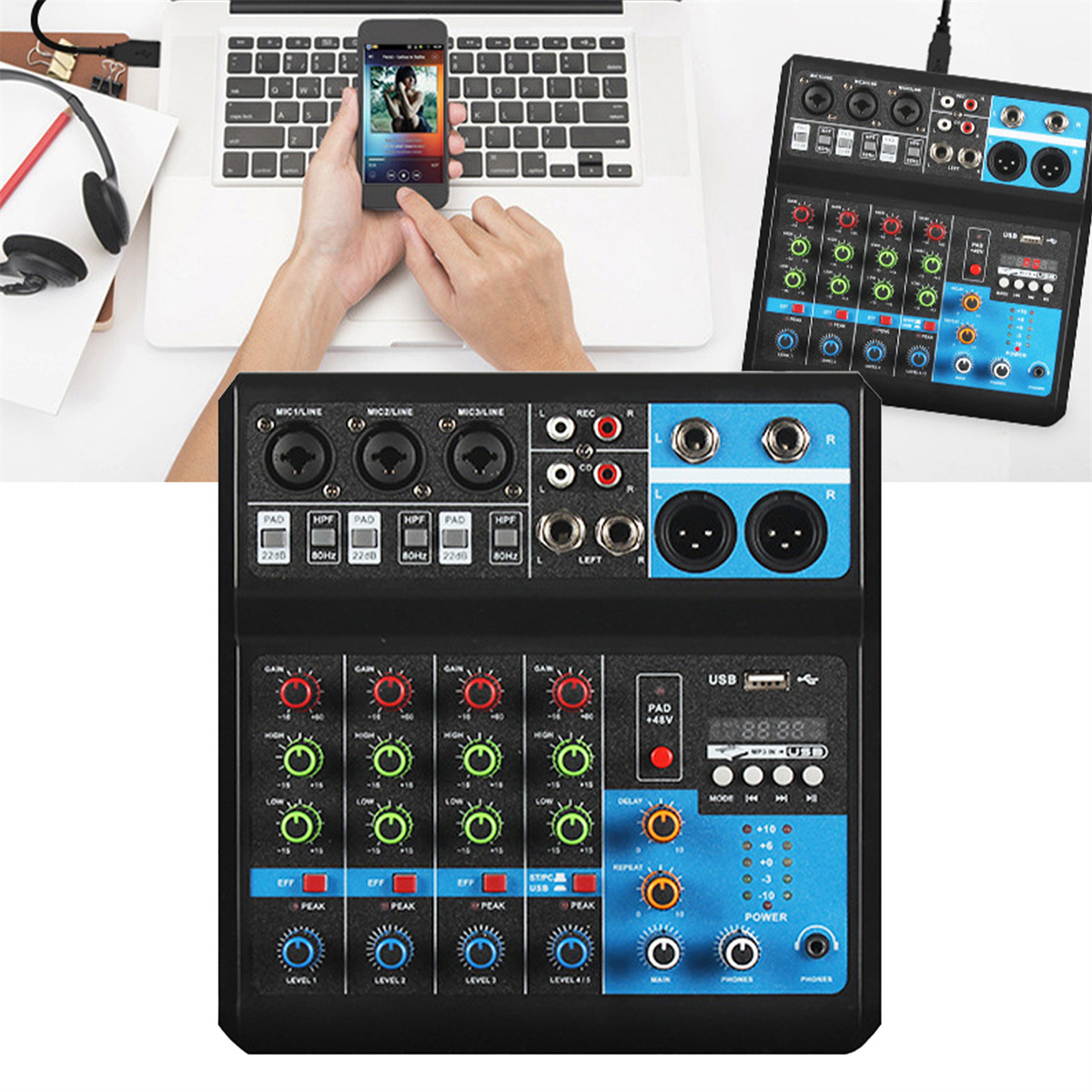 Zwei Audiomixer mit Smartphone und Laptop, die die Verwendung der Geräte zeigen.