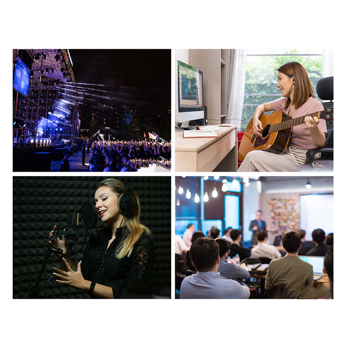 Eine Collage mit einem Konzert, einer Gitarre spielenden Frau, einem Sänger und einer Vorlesung.