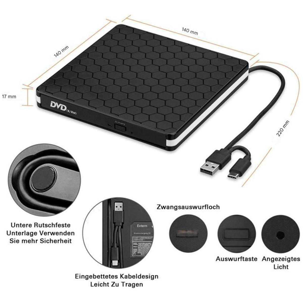 Schwarzes externes DVD-Laufwerk mit Abmessungen und Funktionsdetails.