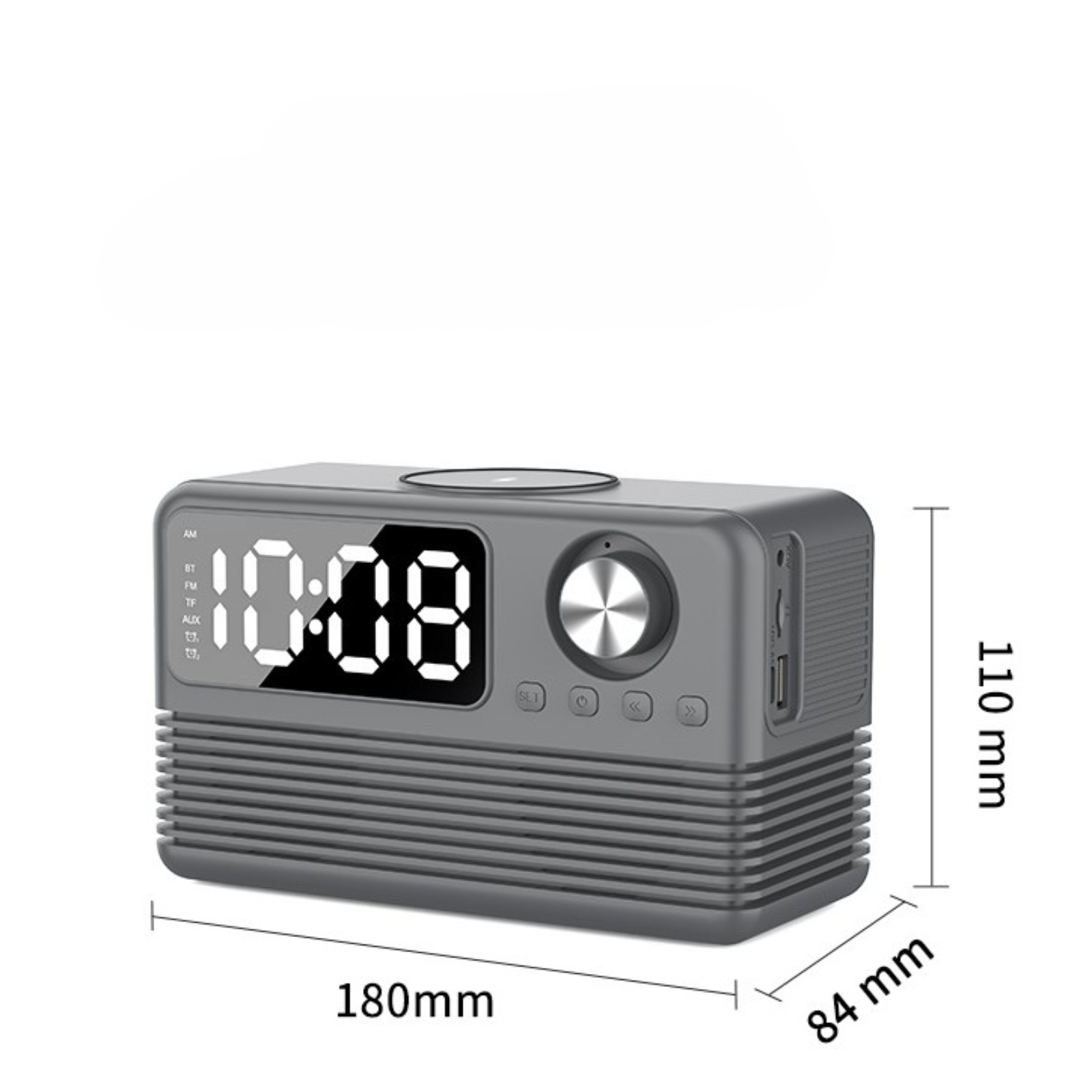 Grauer digitaler Wecker mit 10:08. Maße: 180mm x 110mm x 84mm.