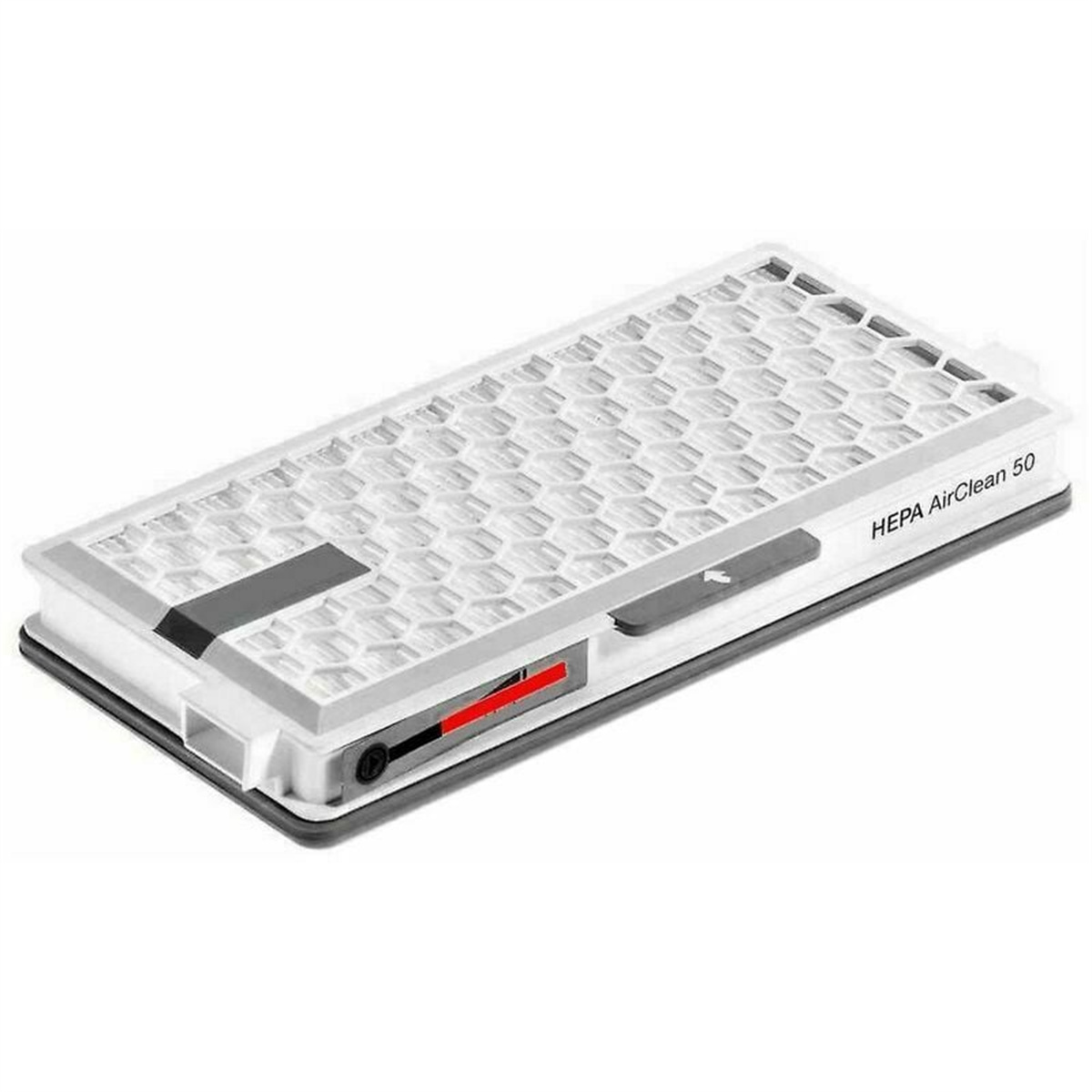 Ein weiß-grauer HEPA AirClean 50 Filter mit roter Anzeige wird gezeigt.
