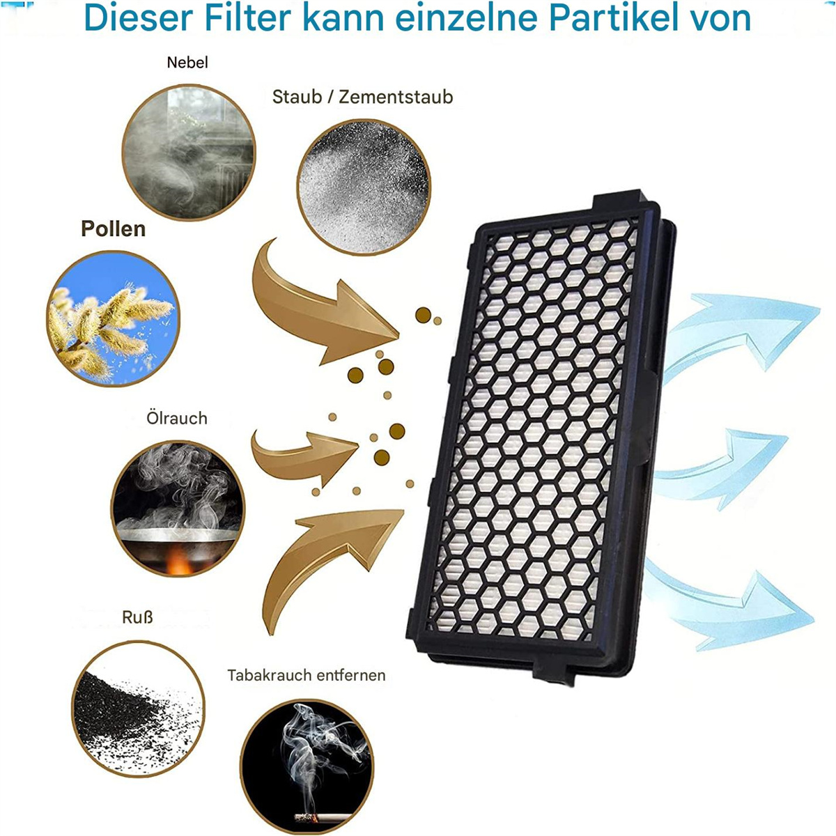 Luftfilter mit Bildern, die Partikel zeigen, die er entfernt: Pollen, Staub, Rauch. Pfeile zeigen den Filterprozess.